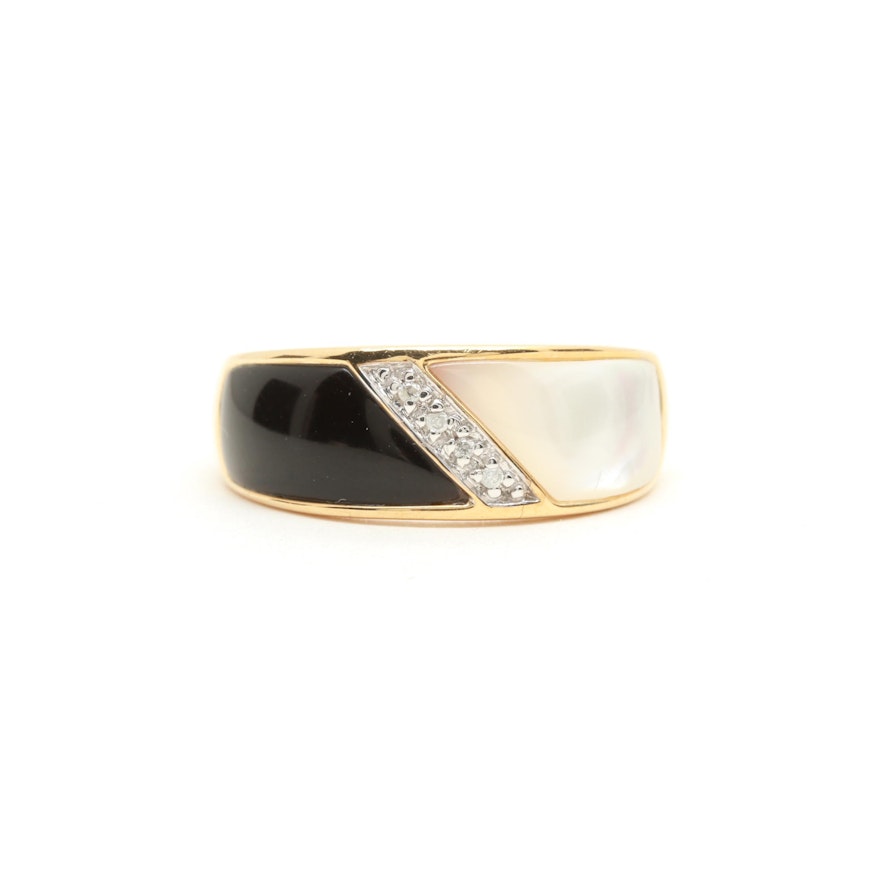 10K Yellow Gold Mother of Pearl, Imitation Onyx, and Diamond Ring