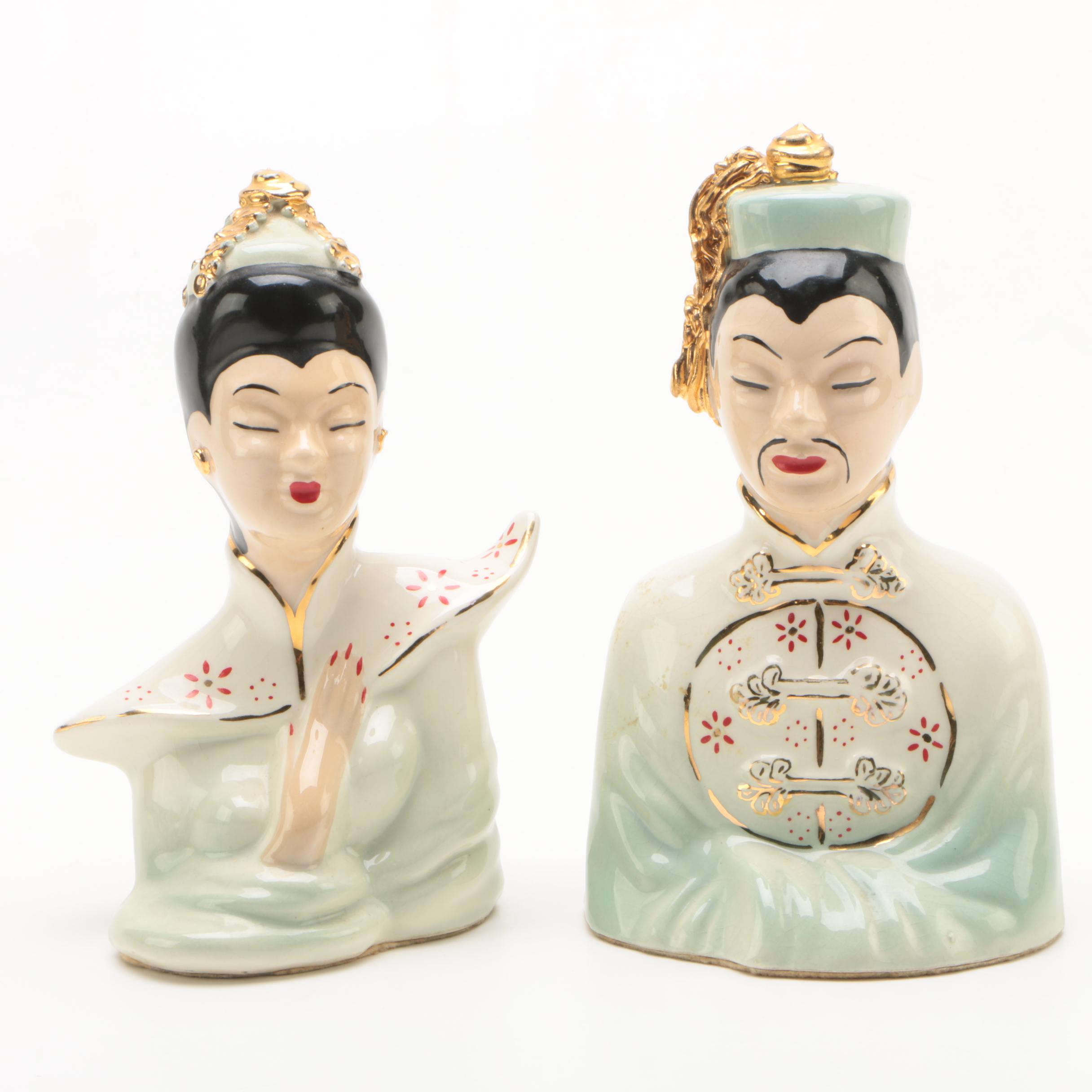 Vintage Chinese Inspired Hand-Painted Ceramic Bust Figurines