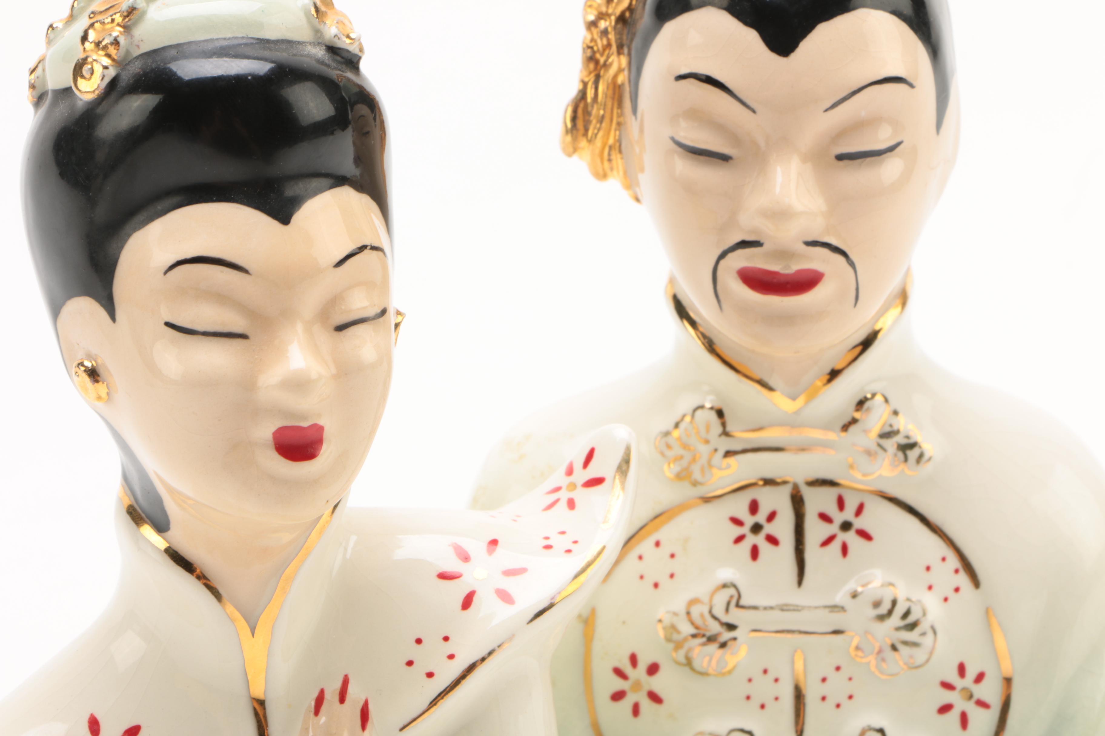 Vintage Chinese Inspired Hand-Painted Ceramic Bust Figurines
