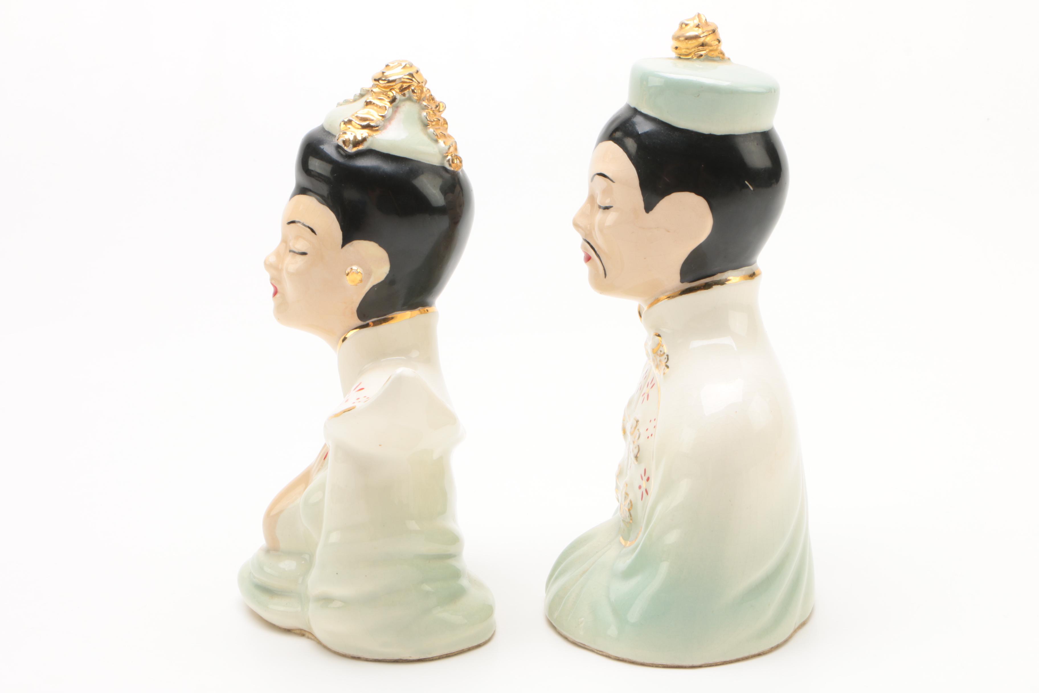 Vintage Chinese Inspired Hand-Painted Ceramic Bust Figurines