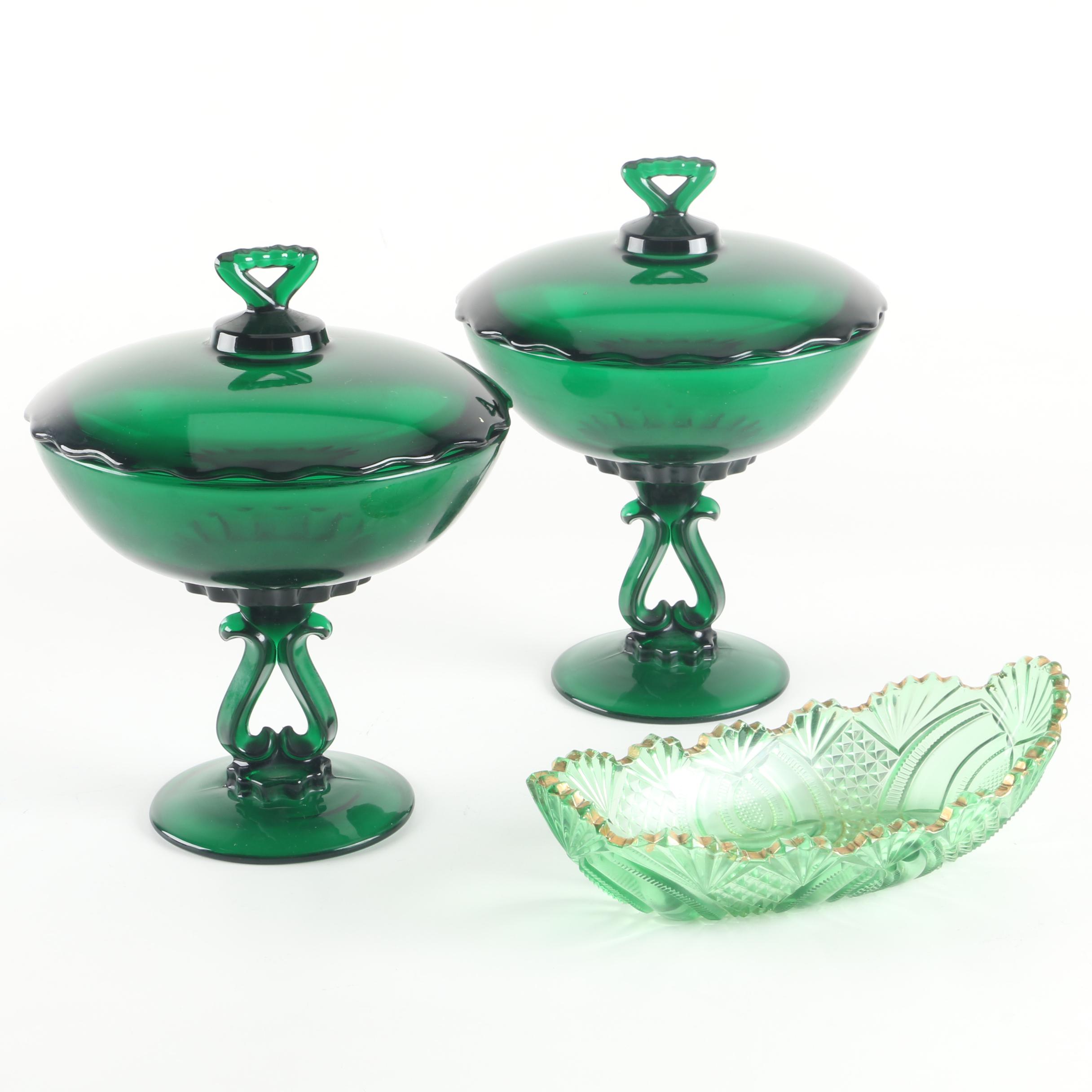 EAPG McKee "Hickman Green" Celery Dish, c. 1890-1904 with Lidded Glass Compotes