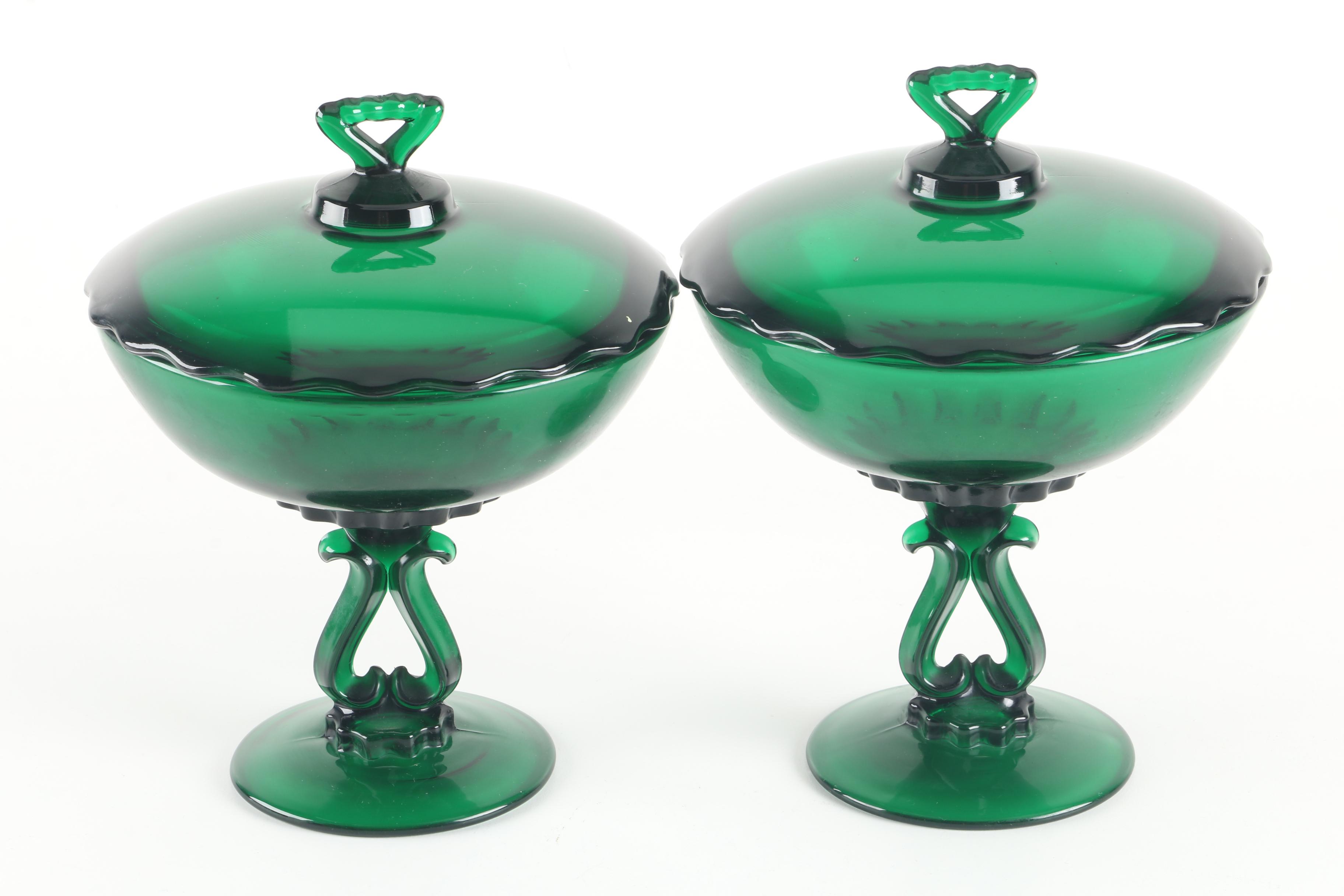EAPG McKee "Hickman Green" Celery Dish, c. 1890-1904 with Lidded Glass Compotes
