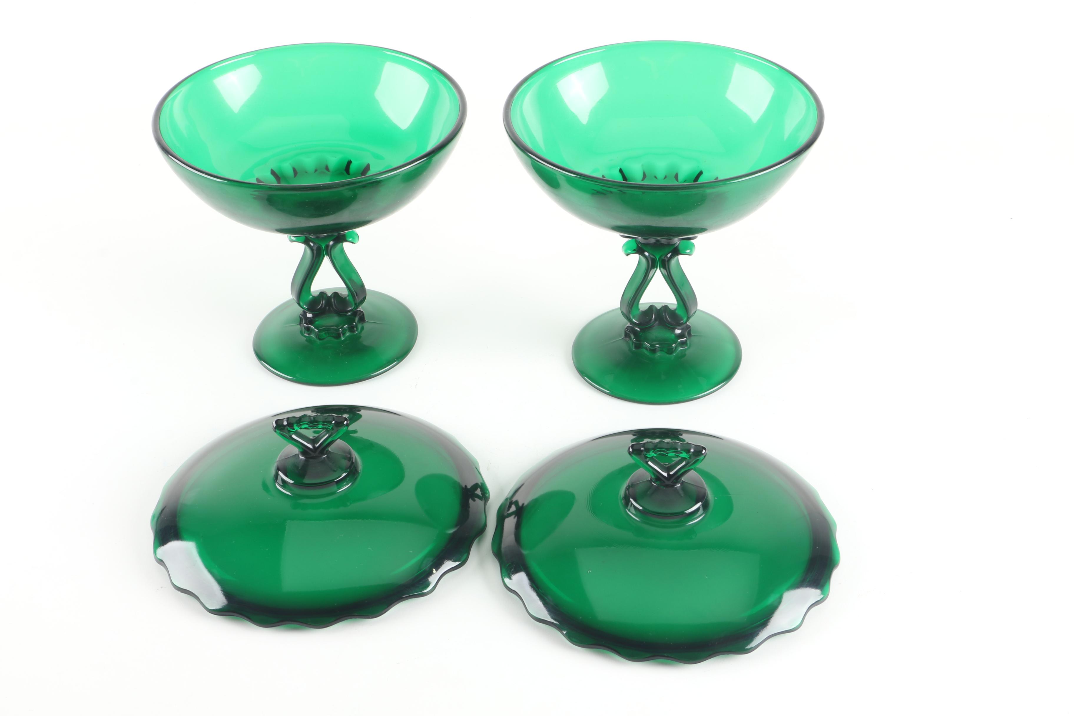 EAPG McKee "Hickman Green" Celery Dish, c. 1890-1904 with Lidded Glass Compotes