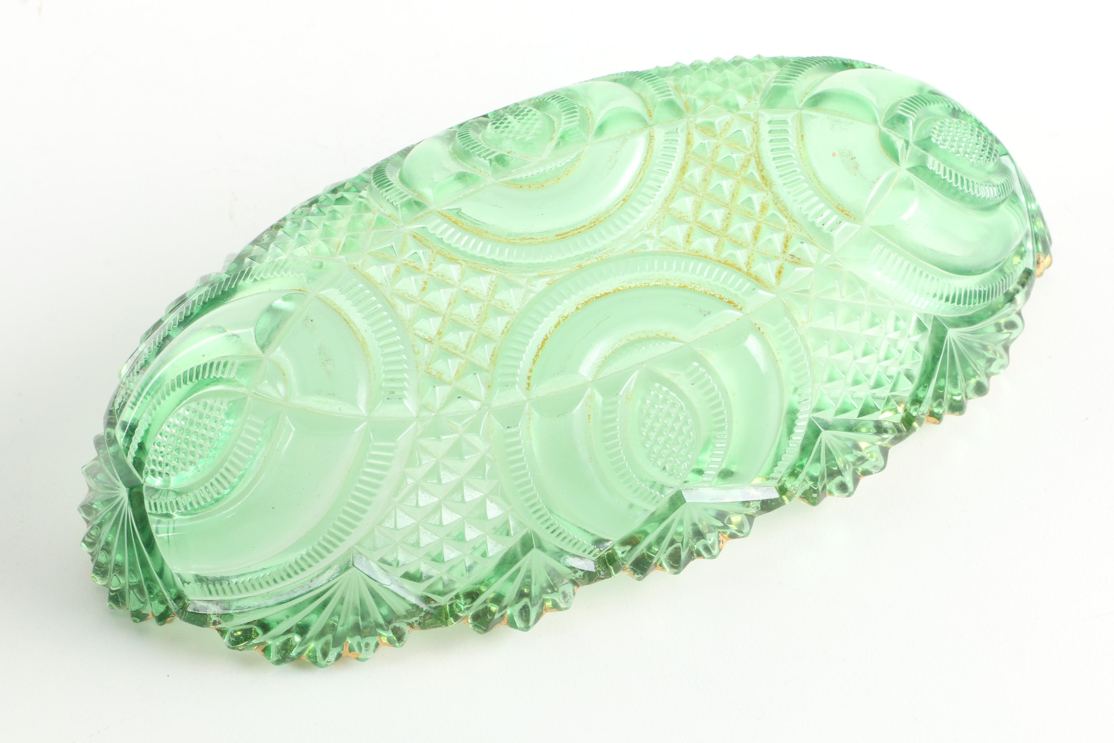 EAPG McKee "Hickman Green" Celery Dish, c. 1890-1904 with Lidded Glass Compotes