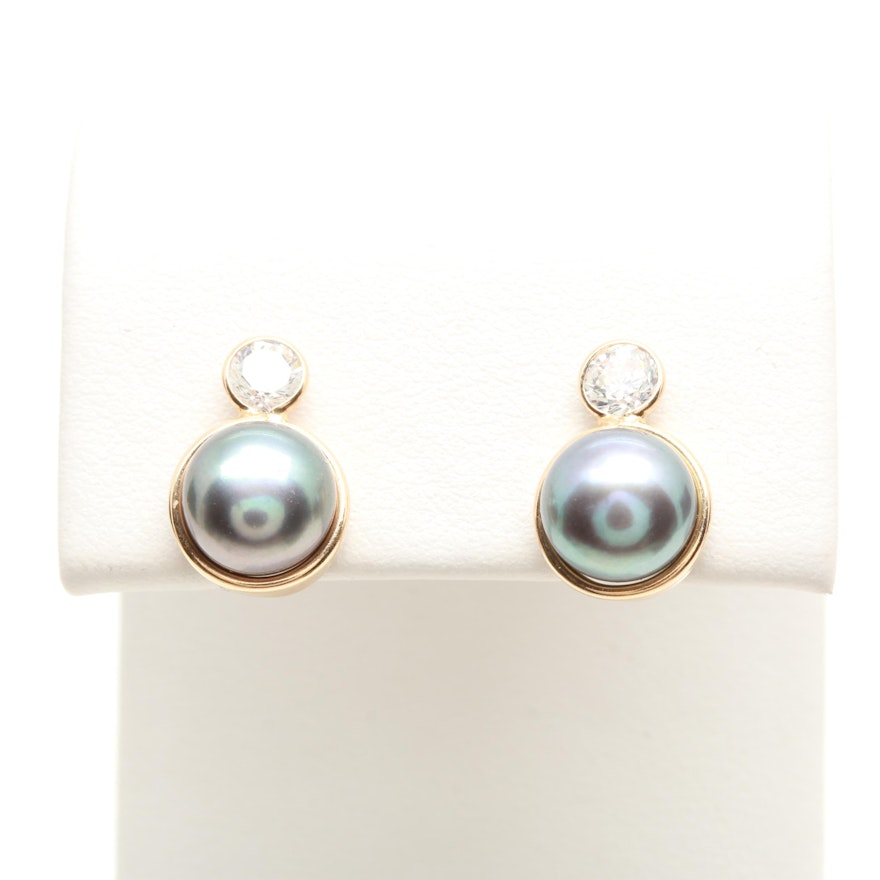 14K Yellow Gold Cultured Pearl and Cubic Zirconia Earrings