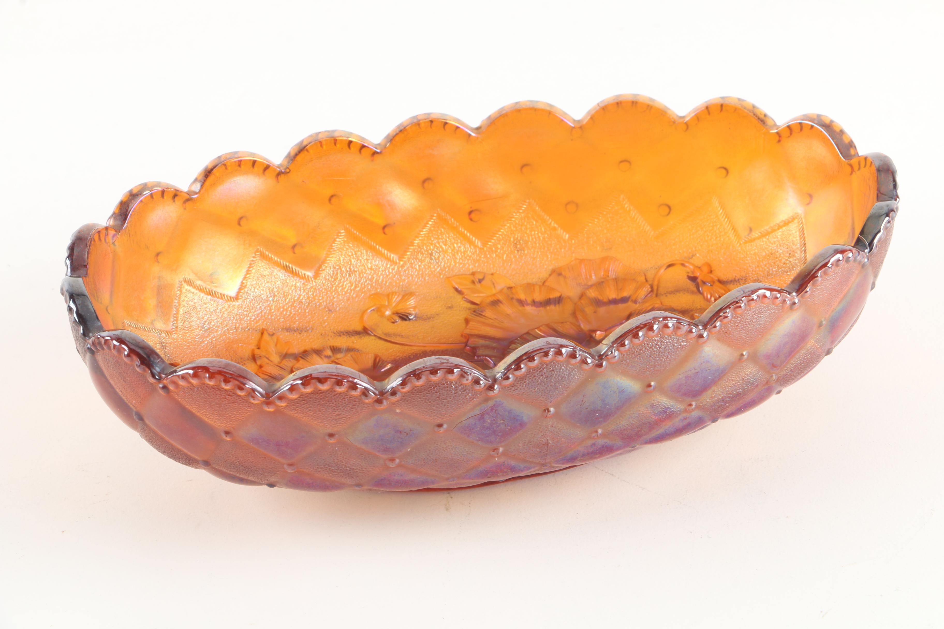 Vintage Imperial Glass "Pansy" Pickle Dish and other Carnival Glass Serveware