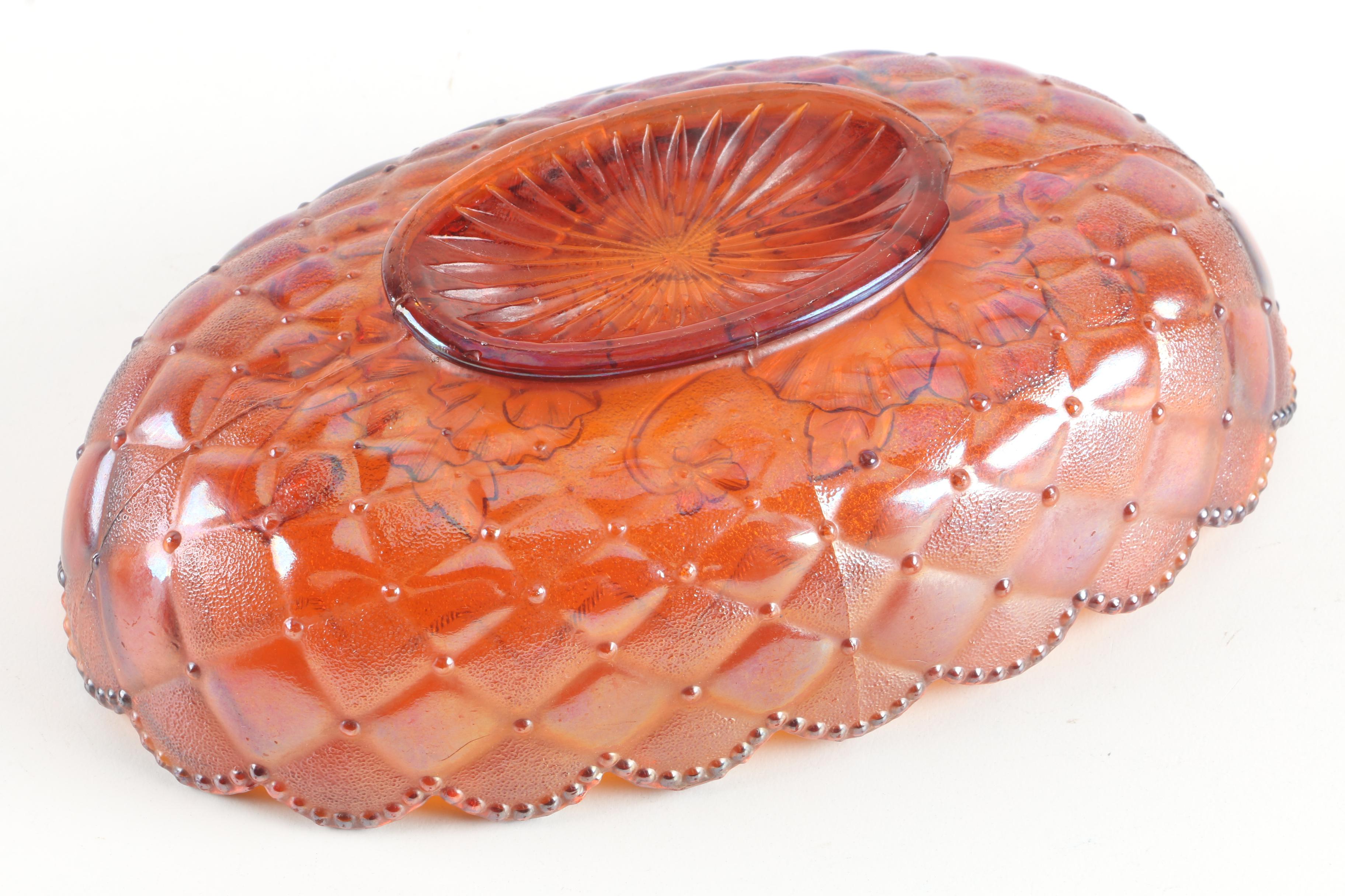 Vintage Imperial Glass "Pansy" Pickle Dish and other Carnival Glass Serveware