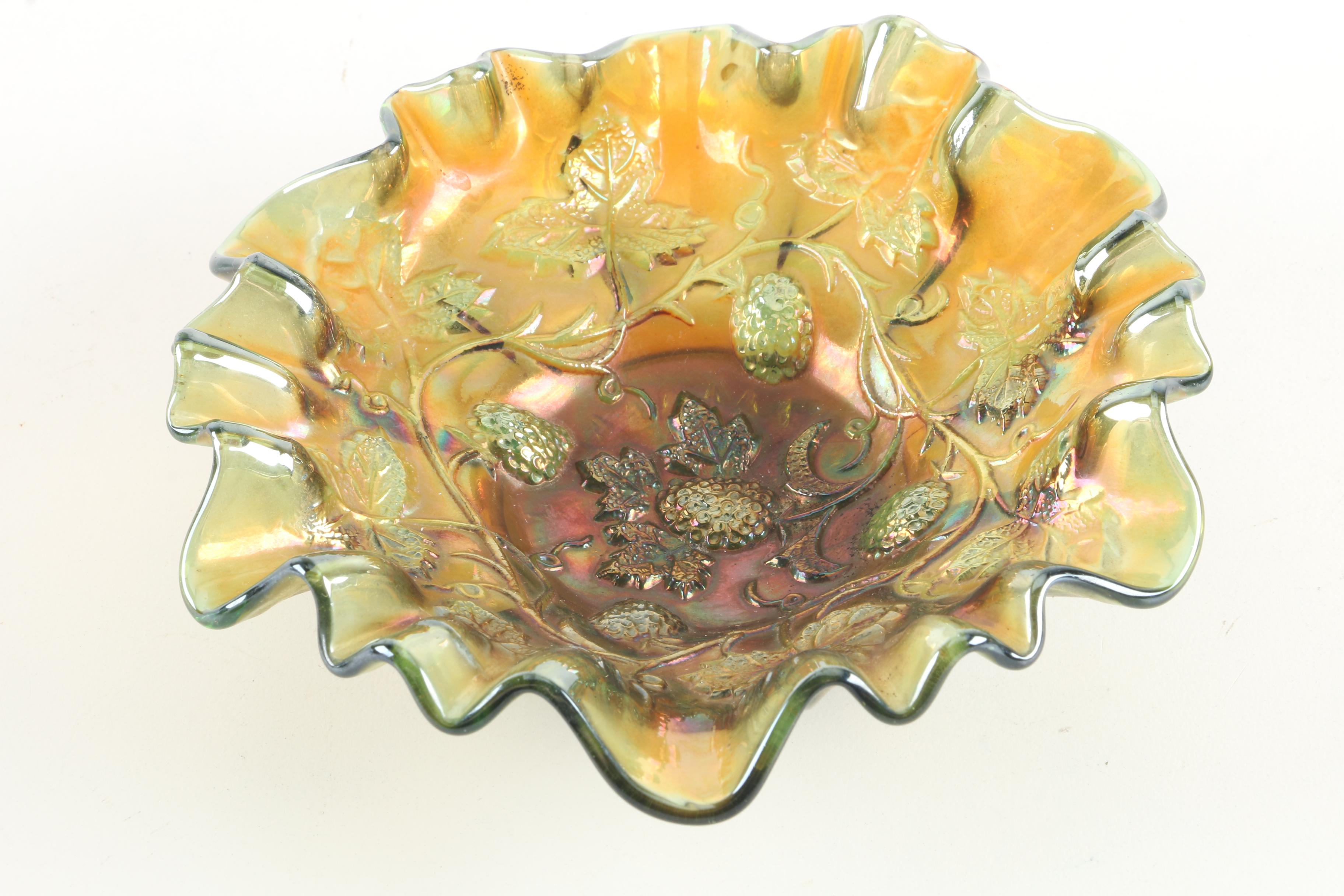 Vintage Imperial Glass "Pansy" Pickle Dish and other Carnival Glass Serveware