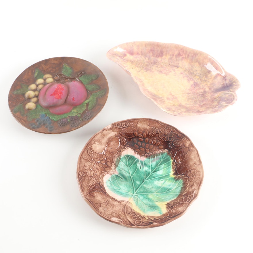 Art Pottery Serveware Featuring Walker Ceramic Leaf Dish and Majolica Plate
