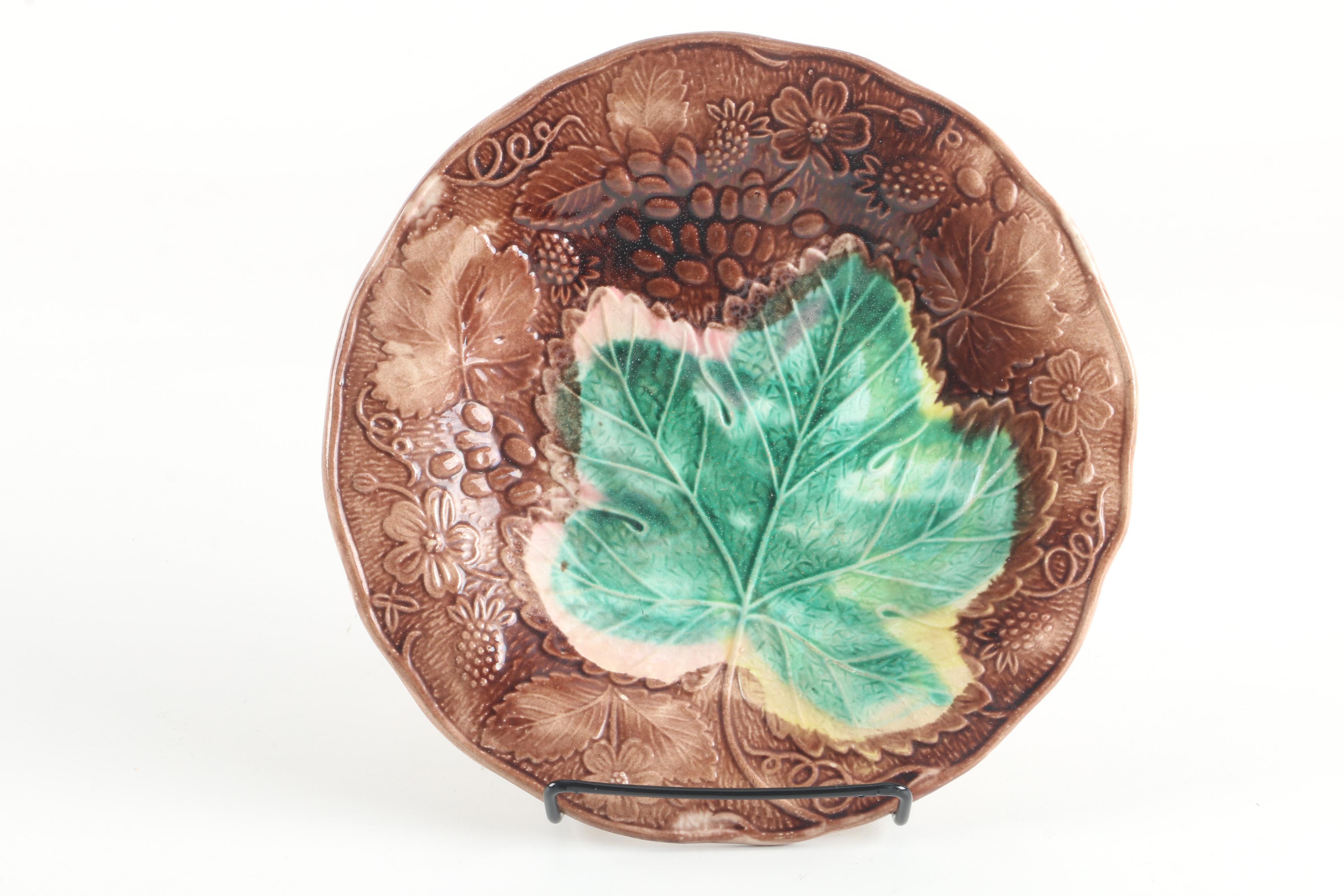 Art Pottery Serveware Featuring Walker Ceramic Leaf Dish and Majolica Plate