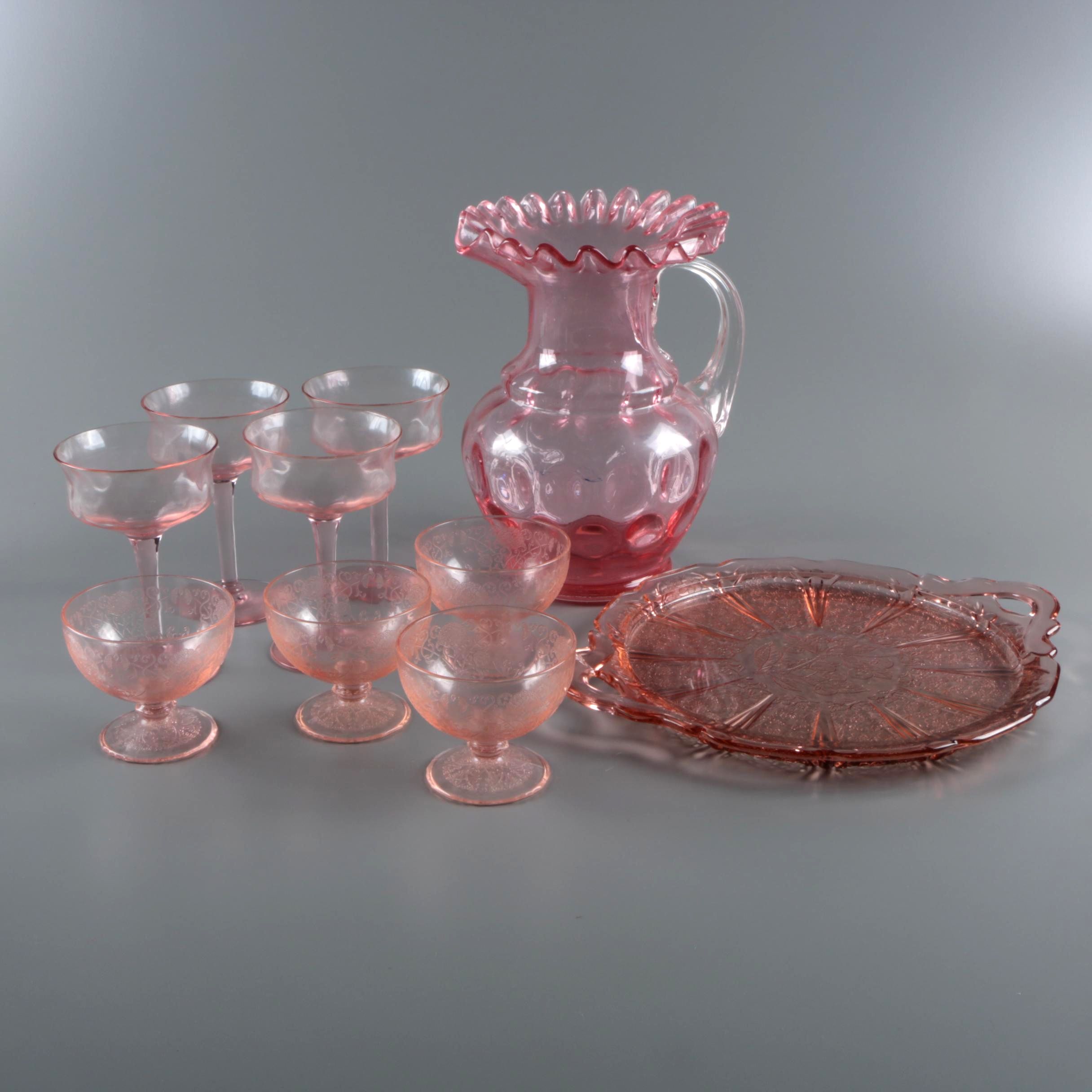 Fenton Style Pitcher and Pink Depression Glass Hazel-Atlas "Florentine" Sherbets