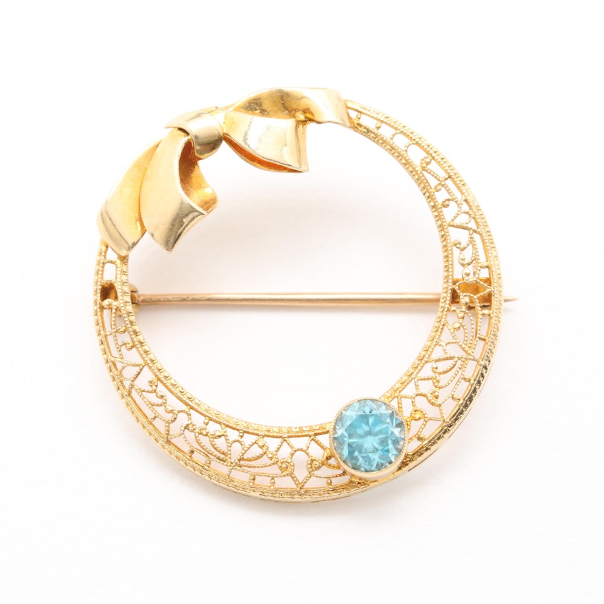 Edwardian 14K Yellow Gold Zircon Brooch