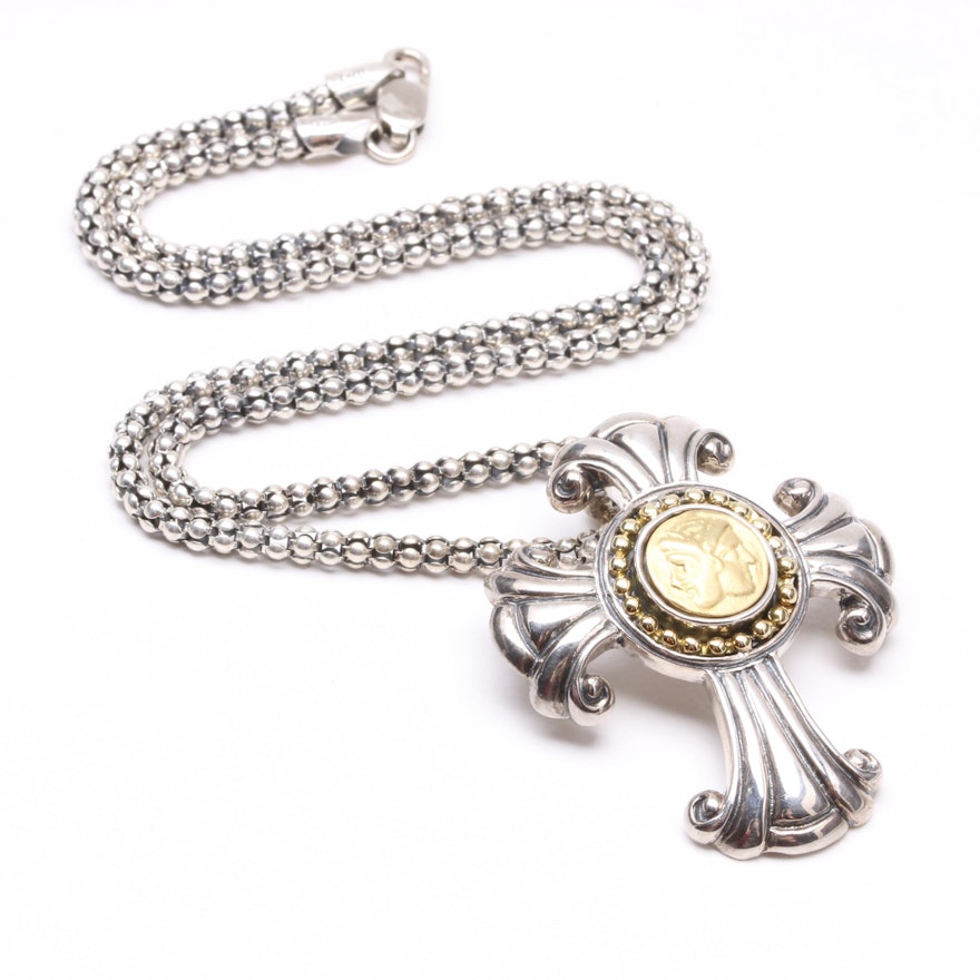 Sterling Silver with 18K Gold Accents Cross Enhancer Pendant Necklace