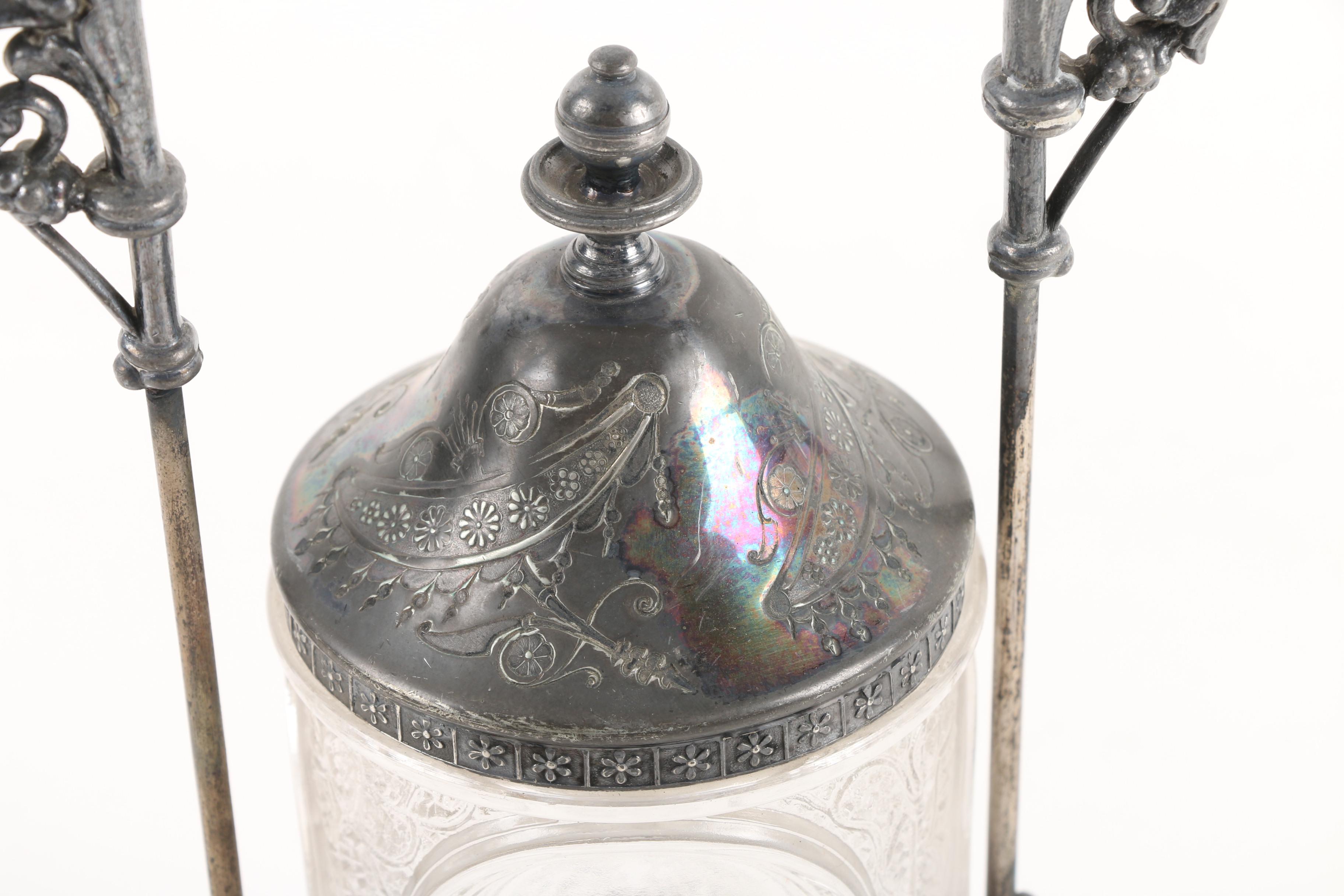 Antique Meridian Britannia Co. Silver Plate and Glass Pickle Castor with Tongs