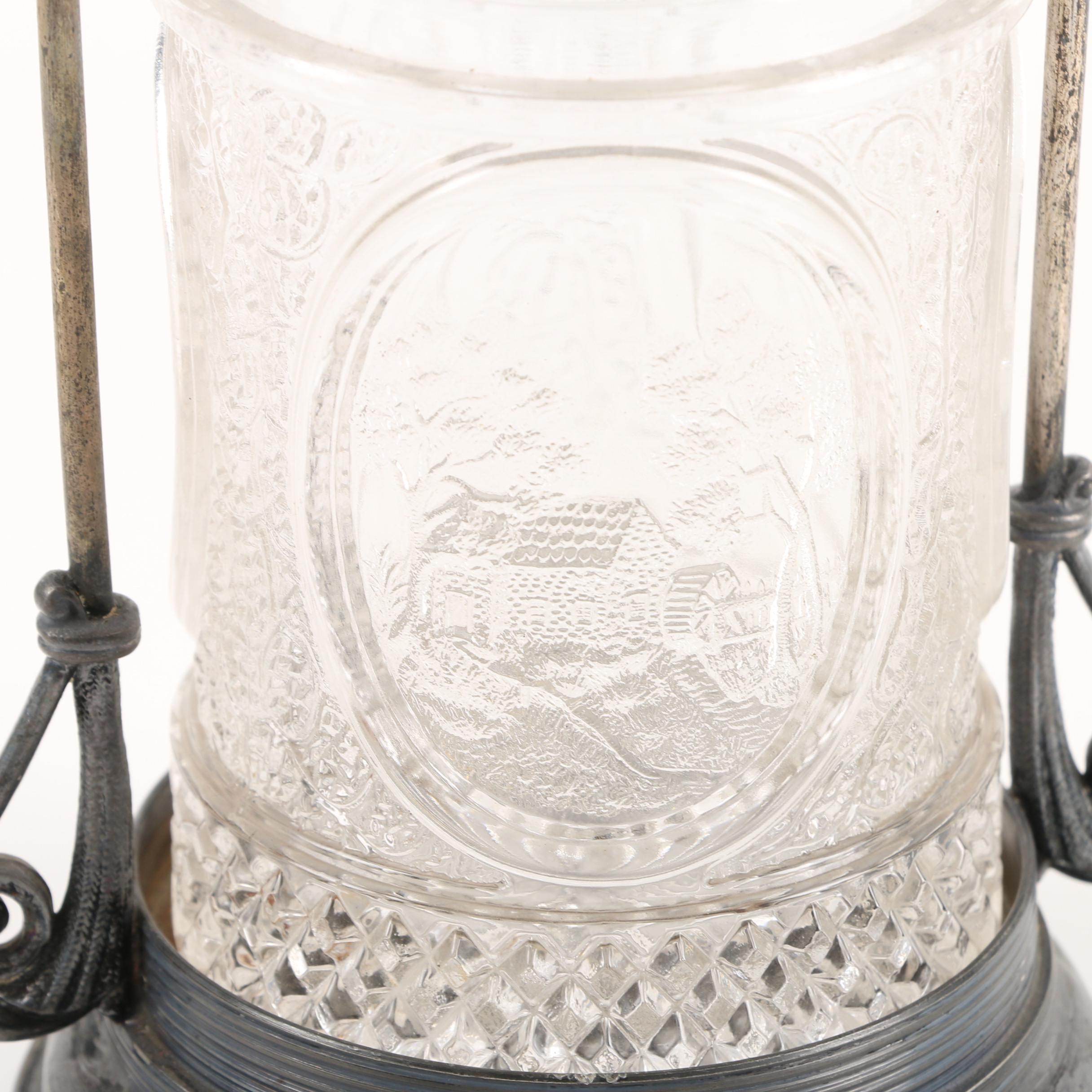 Antique Meridian Britannia Co. Silver Plate and Glass Pickle Castor with Tongs