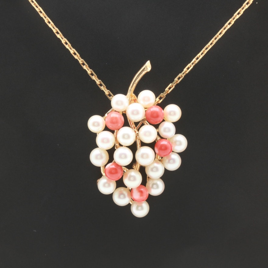 14K Yellow Gold Coral and Cultured Pearl Brooch With Chain