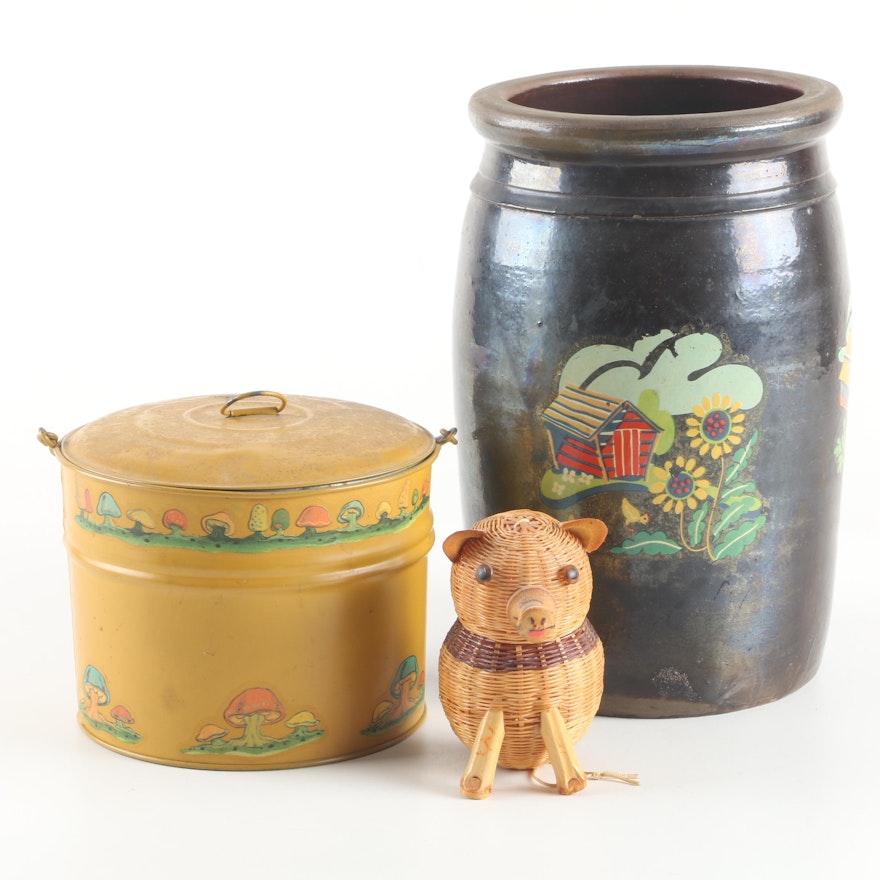 Vintage Crock, Mushroom Motif Lunch Pail, and Pig Figural Basket