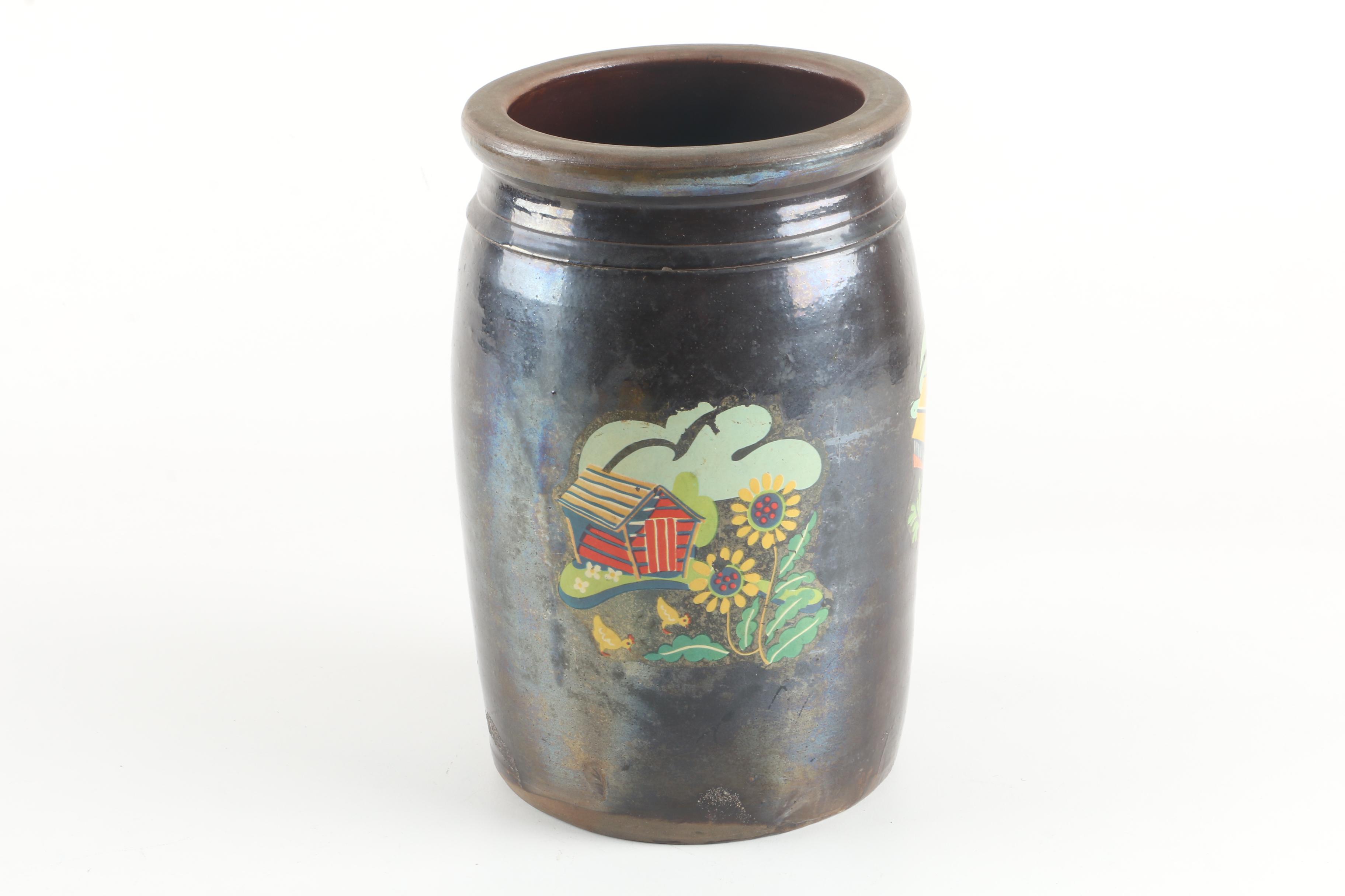 Vintage Crock, Mushroom Motif Lunch Pail, and Pig Figural Basket