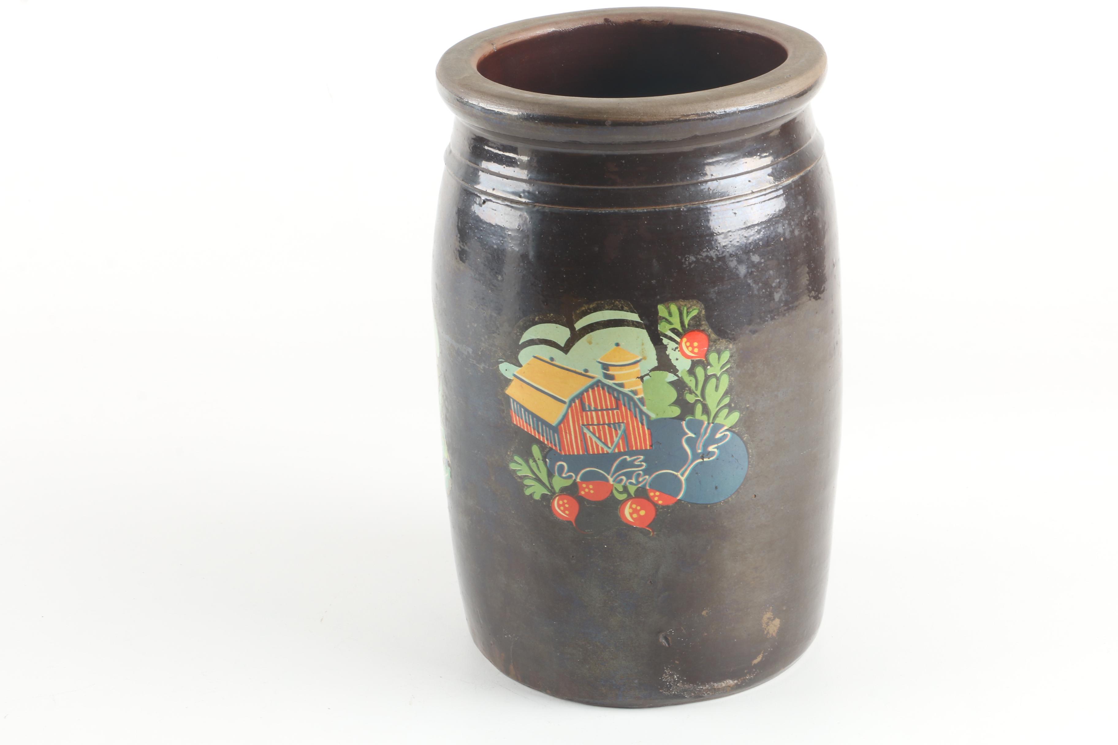 Vintage Crock, Mushroom Motif Lunch Pail, and Pig Figural Basket