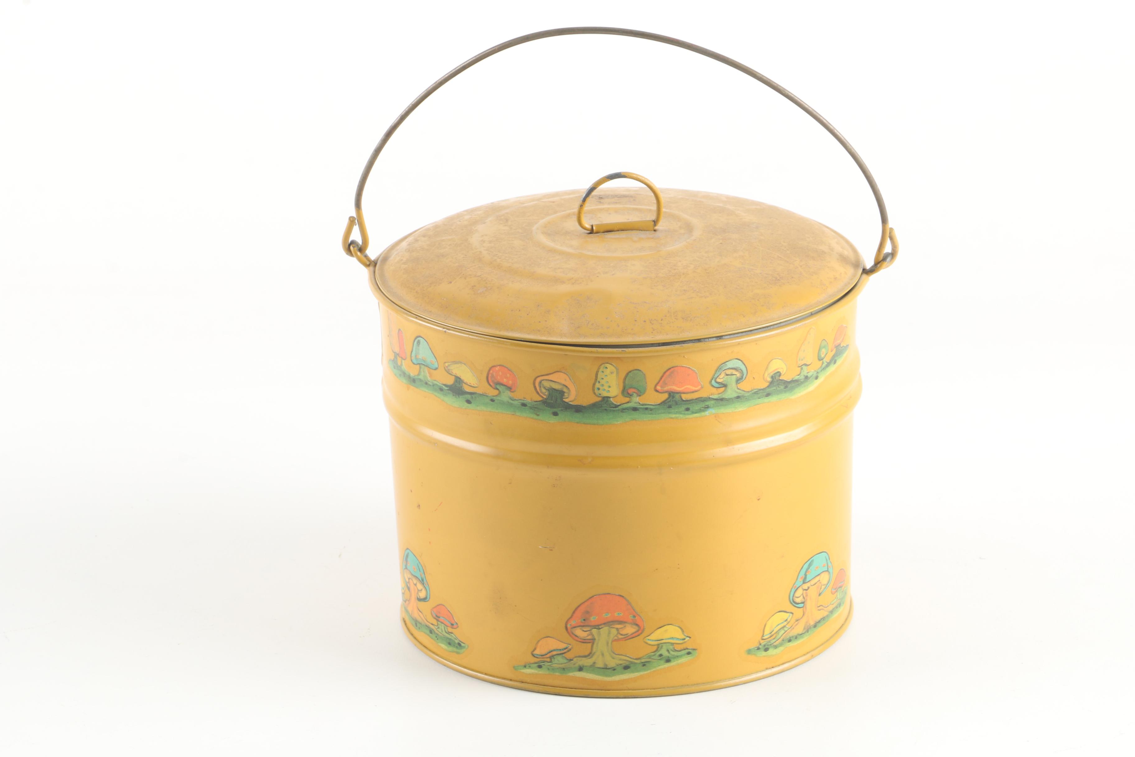 Vintage Crock, Mushroom Motif Lunch Pail, and Pig Figural Basket