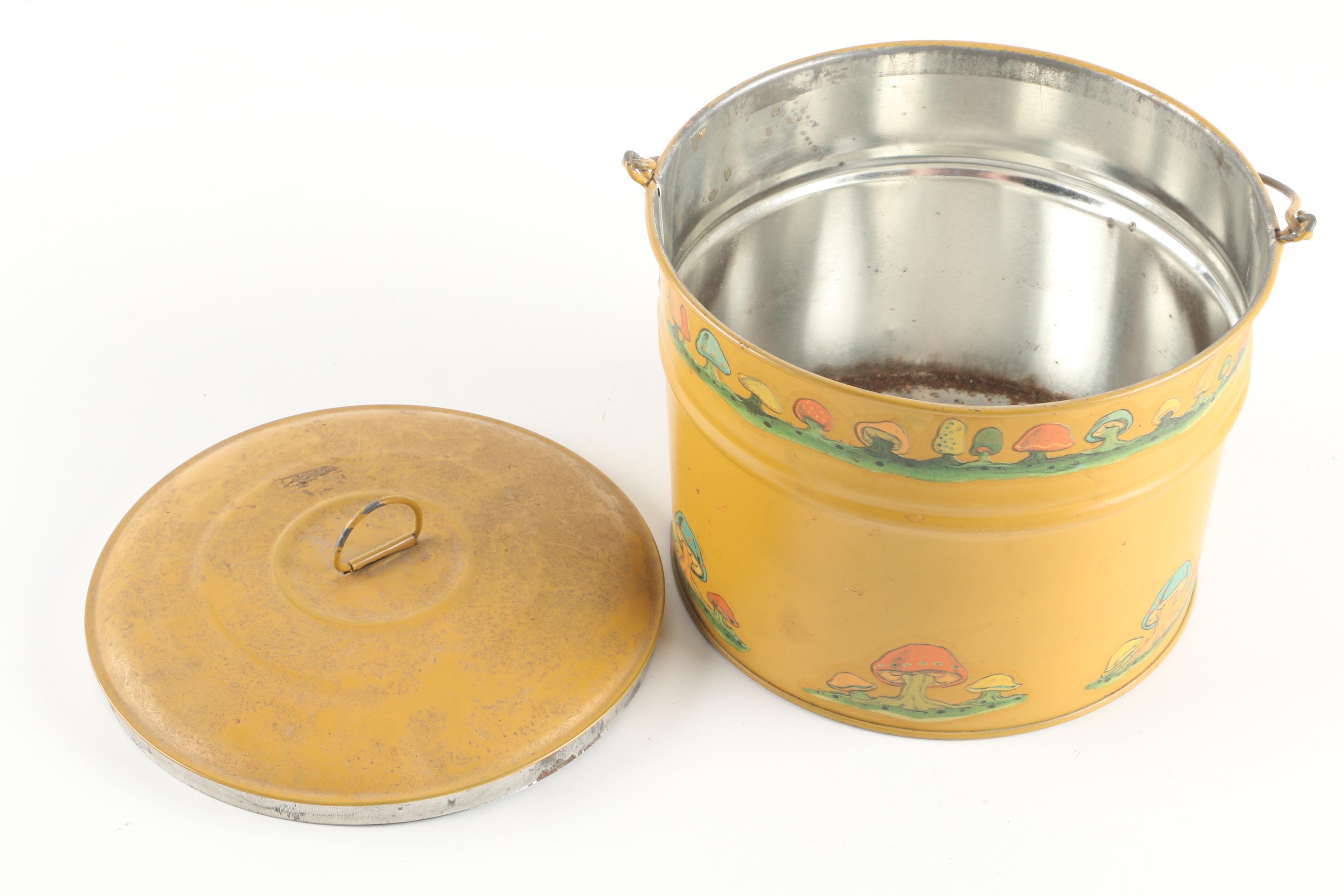 Vintage Crock, Mushroom Motif Lunch Pail, and Pig Figural Basket