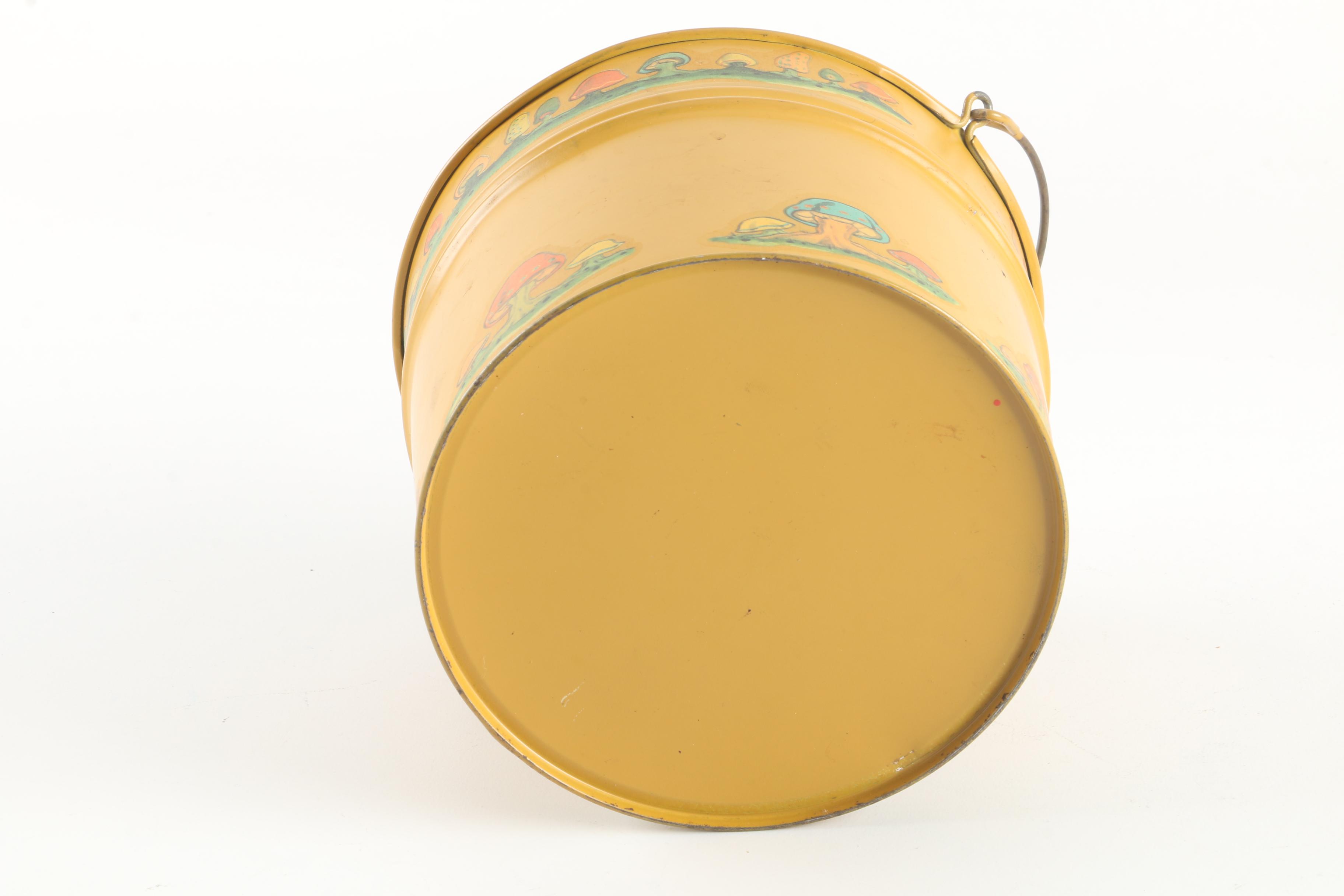 Vintage Crock, Mushroom Motif Lunch Pail, and Pig Figural Basket