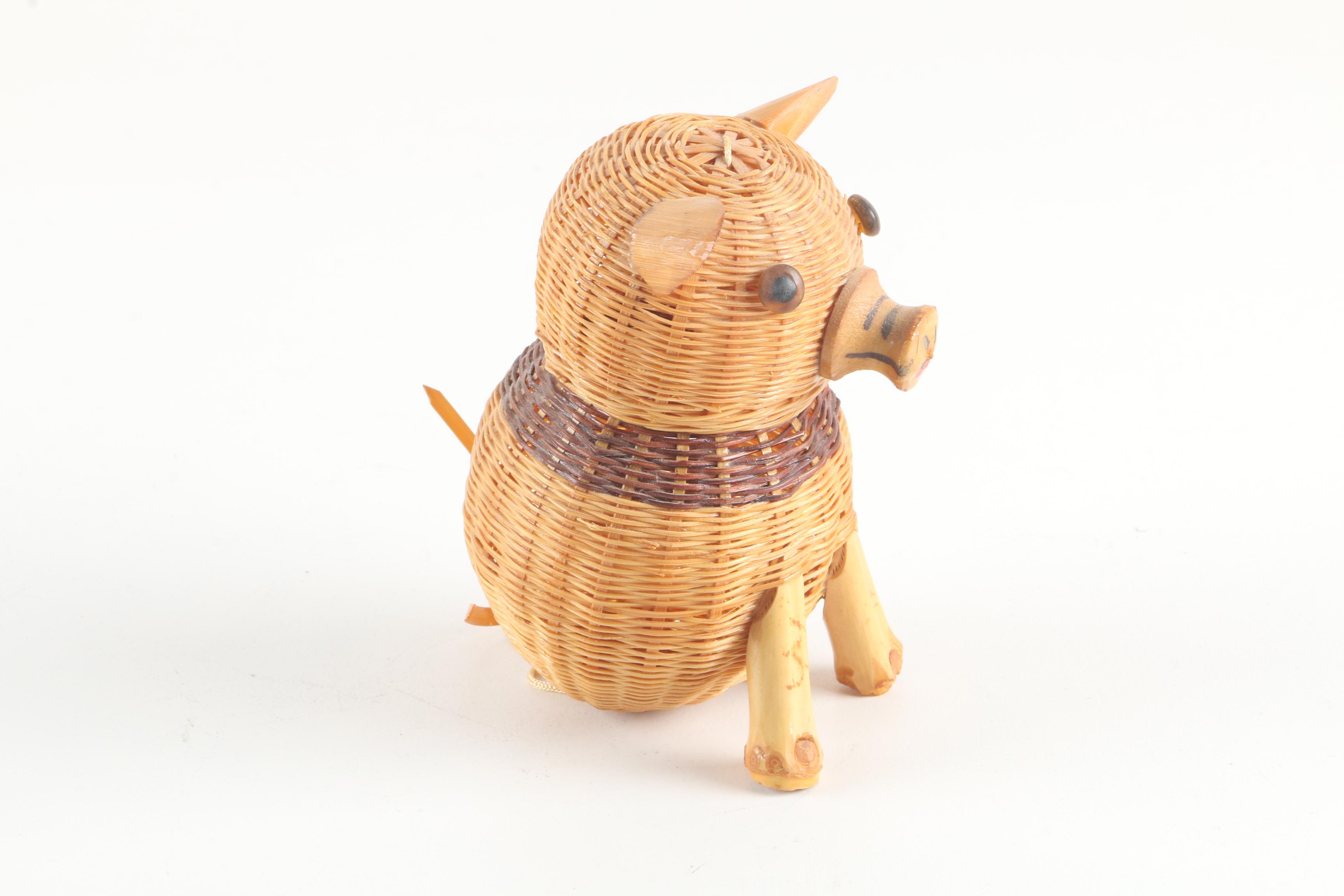 Vintage Crock, Mushroom Motif Lunch Pail, and Pig Figural Basket