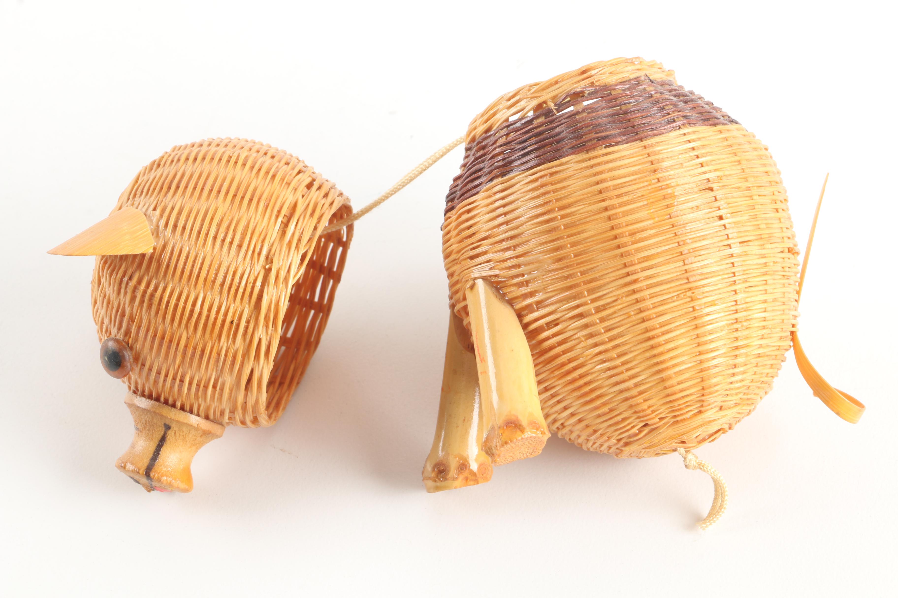 Vintage Crock, Mushroom Motif Lunch Pail, and Pig Figural Basket