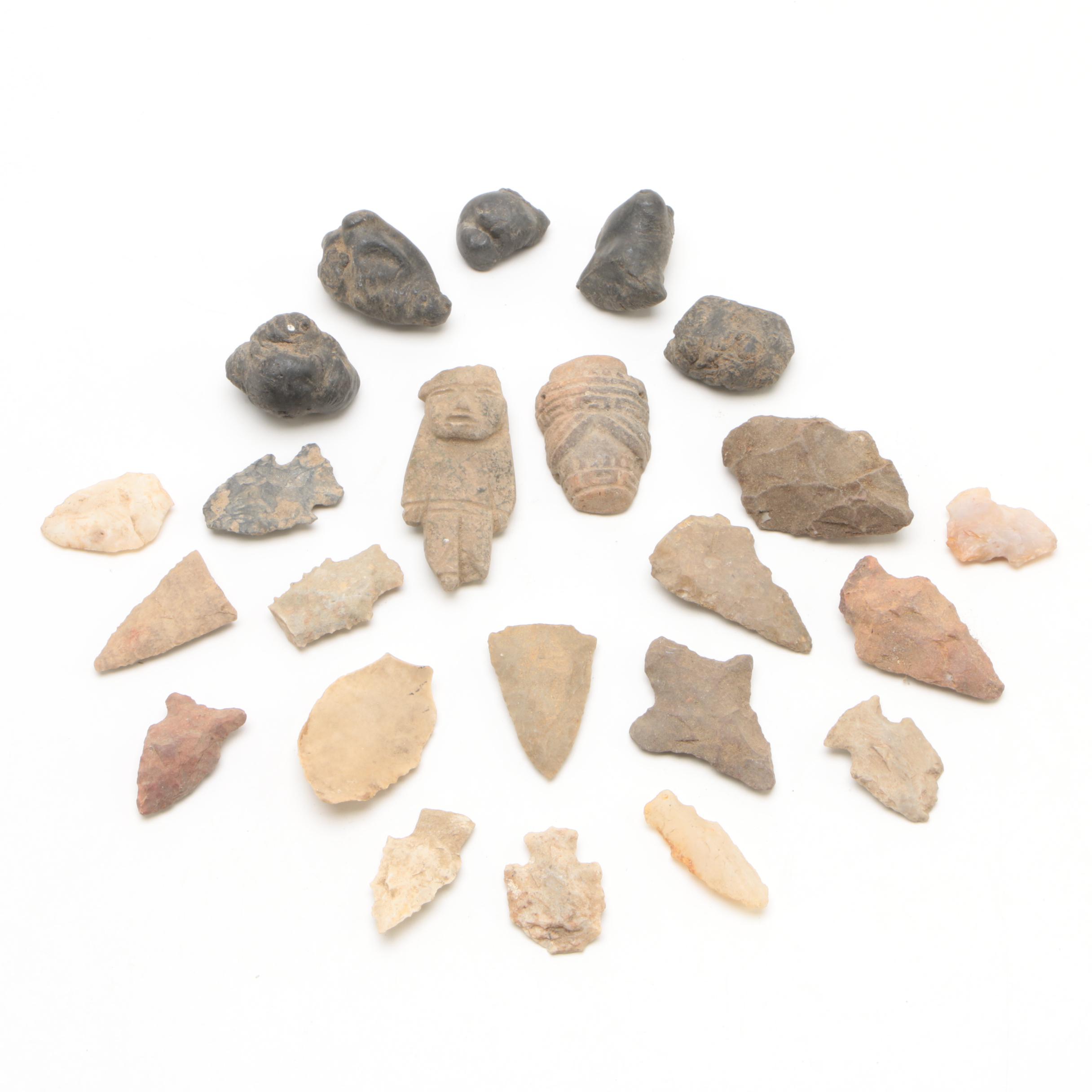 Knapped Bifacial Stone Points and Carved Figures