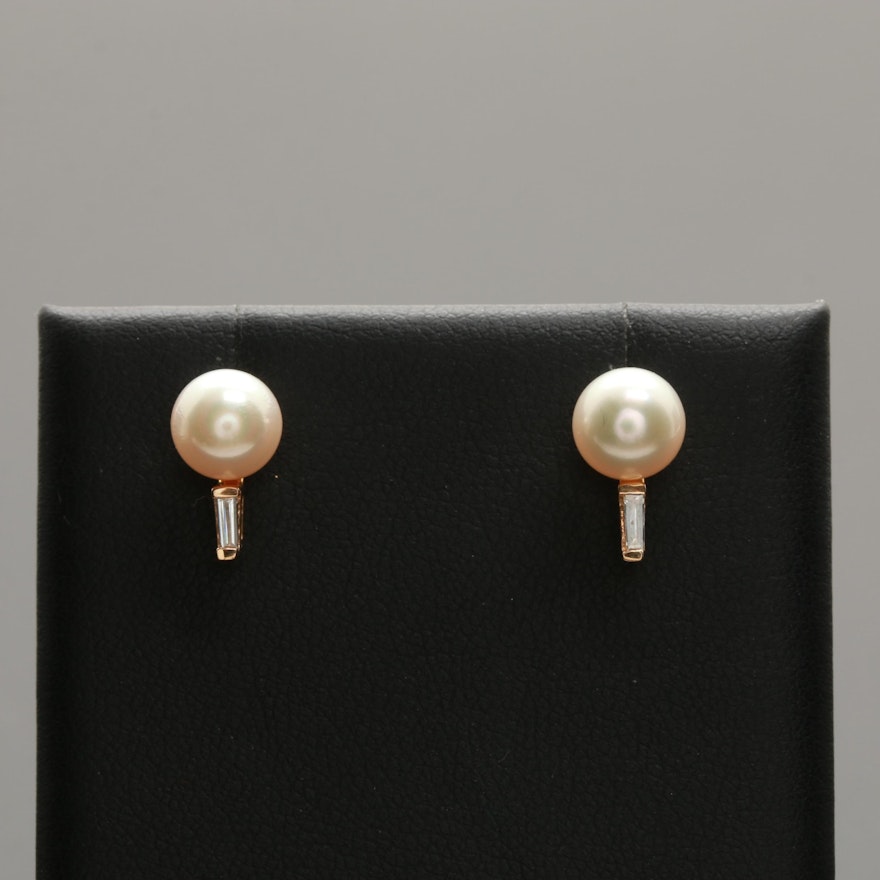 14K Yellow Gold Cultured Pearl and Diamond Earrings