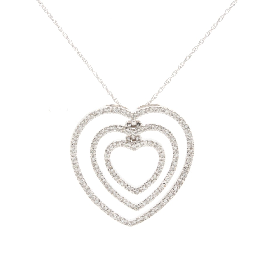10K and 14K White Gold Diamond Heart Pendant Necklace