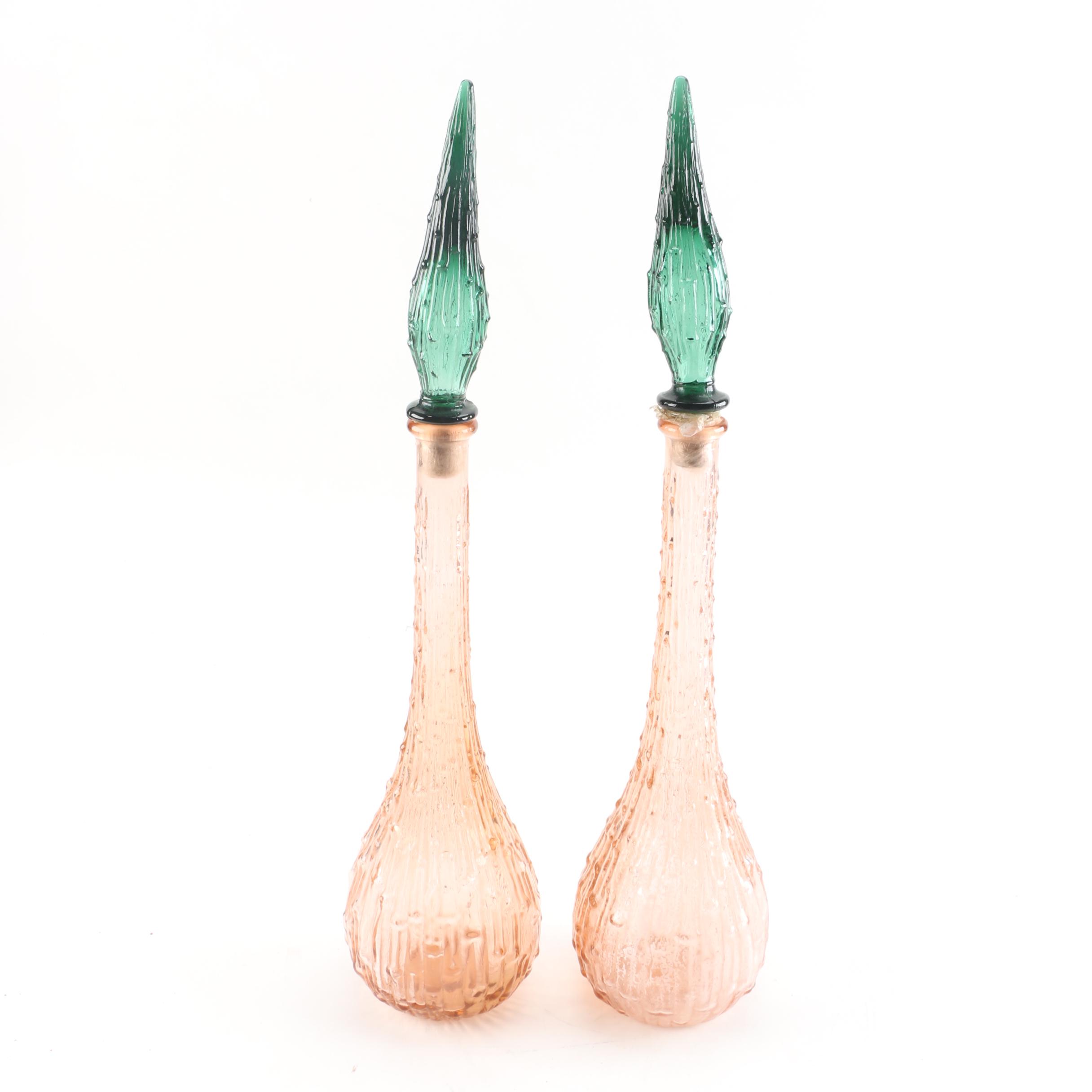 Italian Style Amber Glass Decanters with Emerald Glass Stoppers