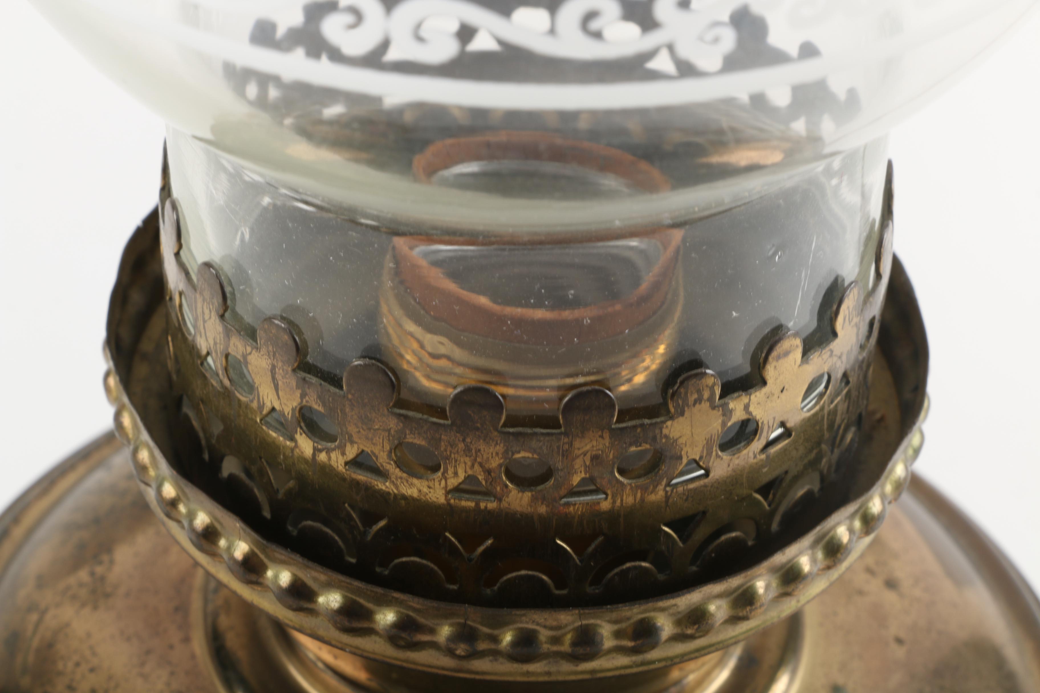 Early to Mid 20th Century Tinted Glass and Brass Table Lamp with Hurricane Shade