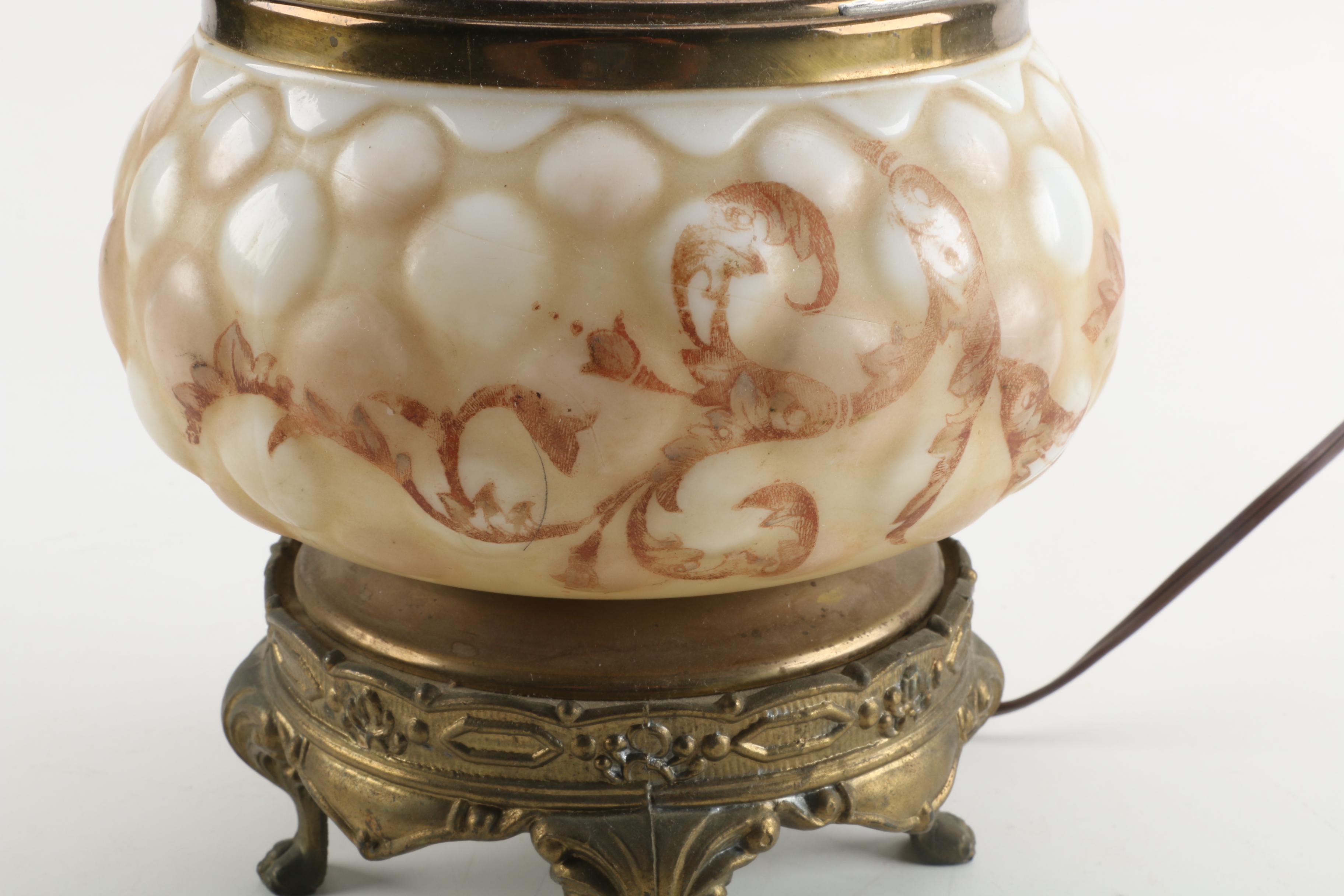 Early to Mid 20th Century Tinted Glass and Brass Table Lamp with Hurricane Shade