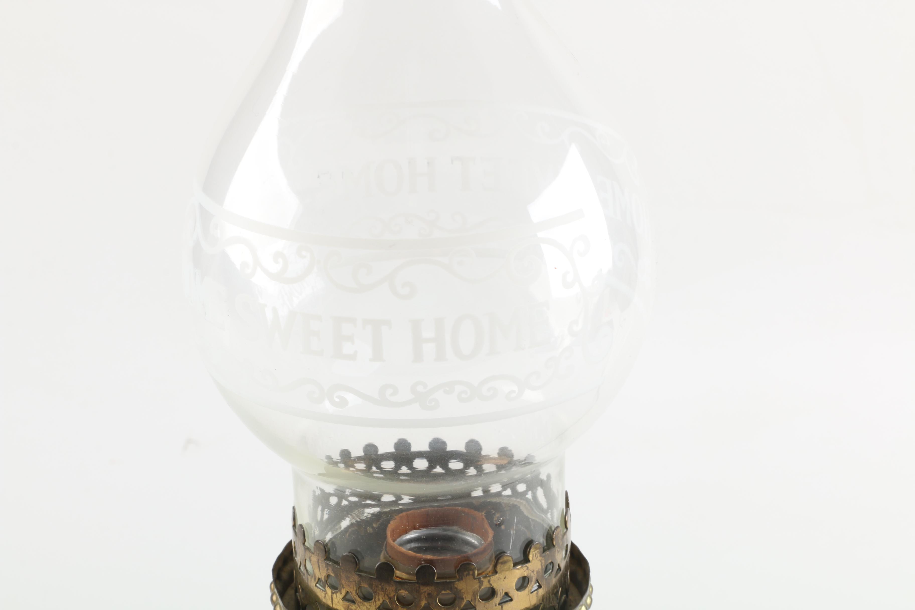 Early to Mid 20th Century Tinted Glass and Brass Table Lamp with Hurricane Shade