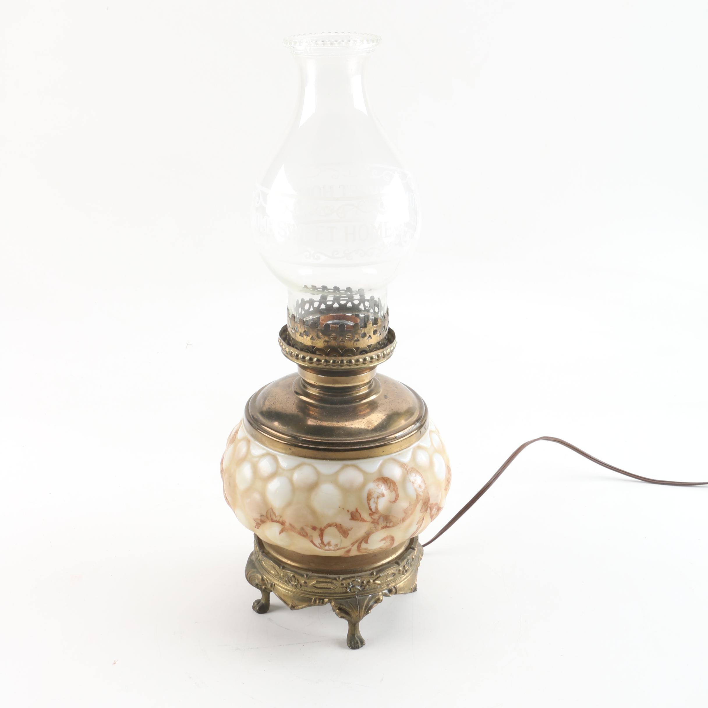 Early to Mid 20th Century Tinted Glass and Brass Table Lamp with Hurricane Shade