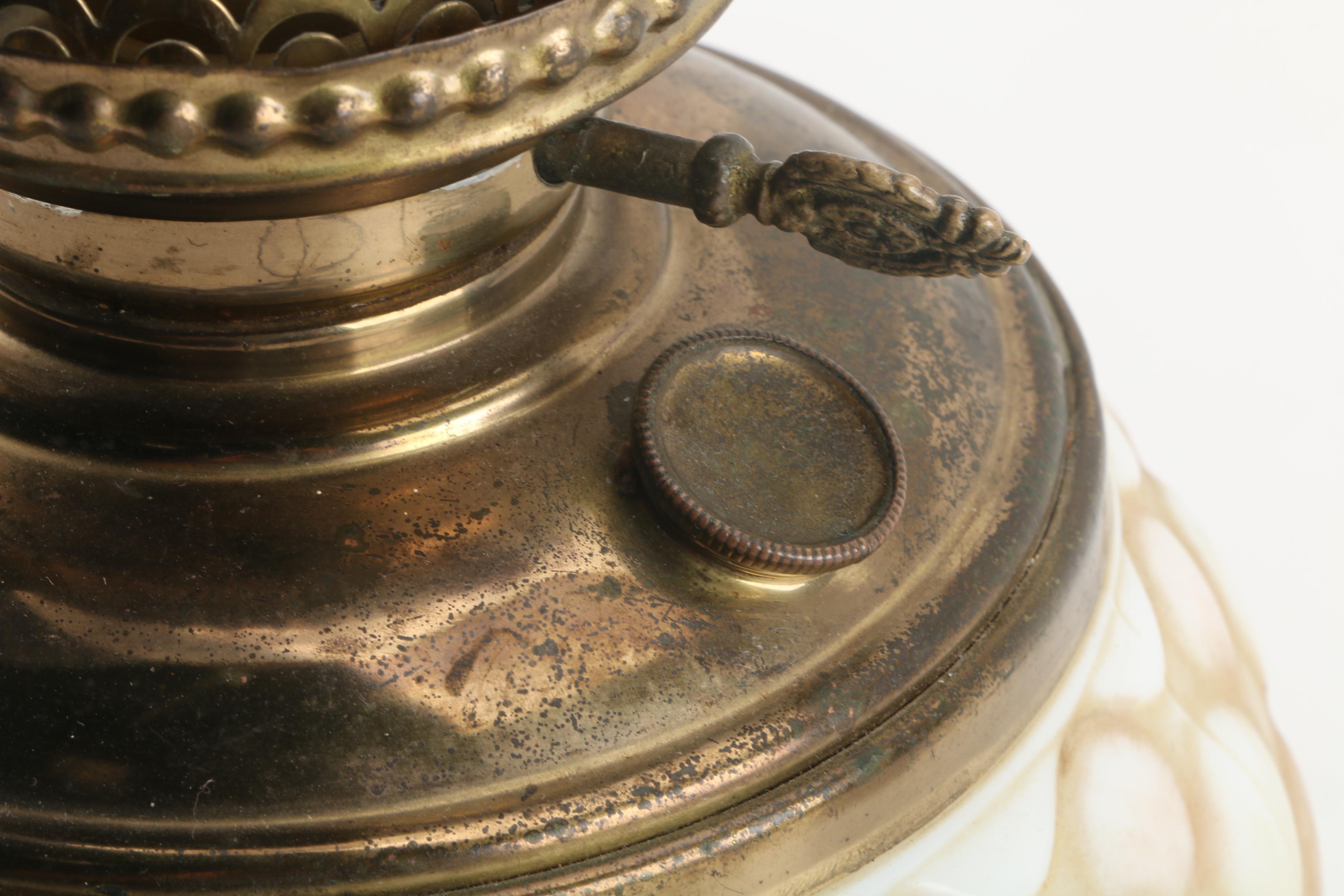 Early to Mid 20th Century Tinted Glass and Brass Table Lamp with Hurricane Shade