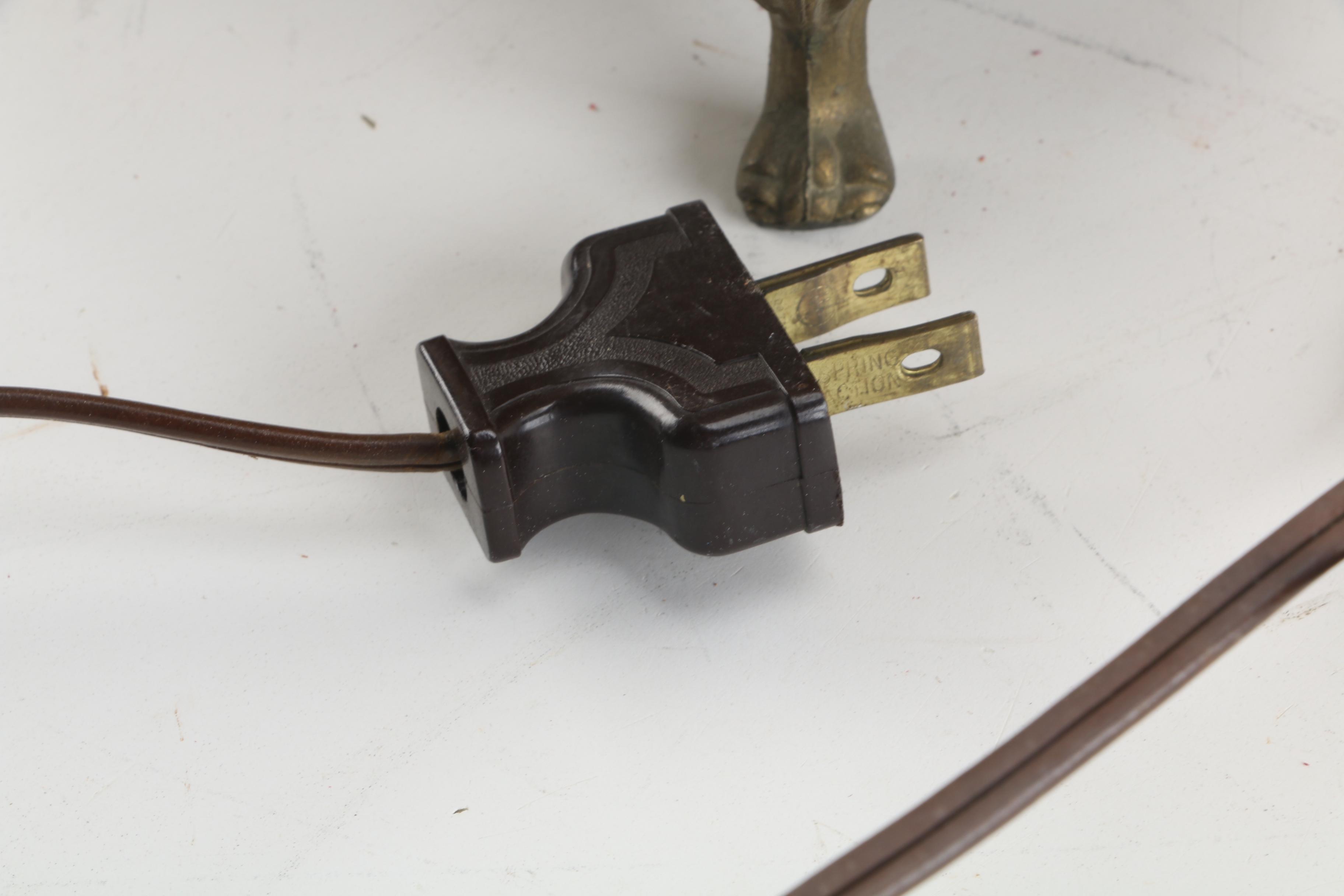 Early to Mid 20th Century Tinted Glass and Brass Table Lamp with Hurricane Shade