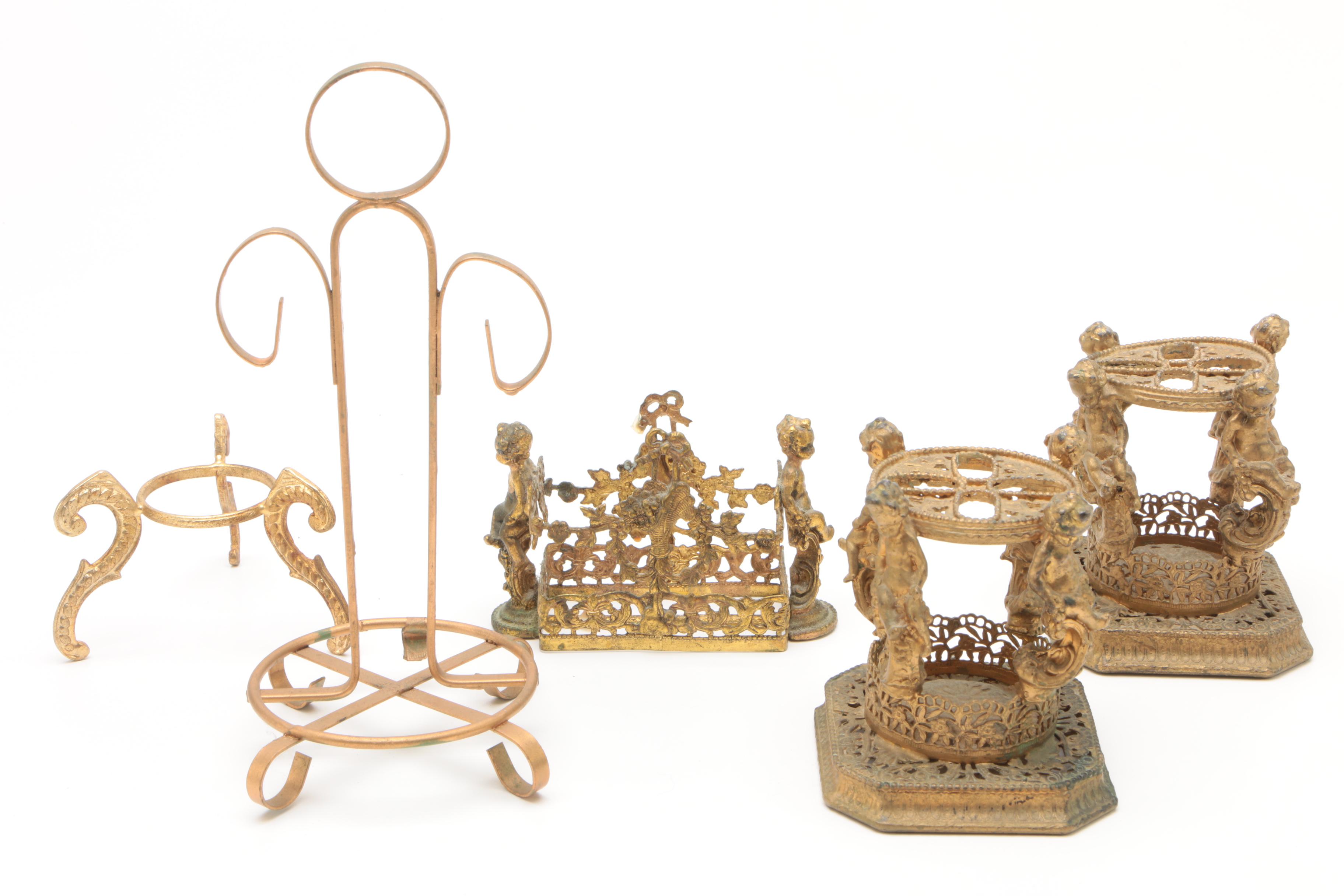 Brass Stands and Mineral Specimens Including Petrified Wood