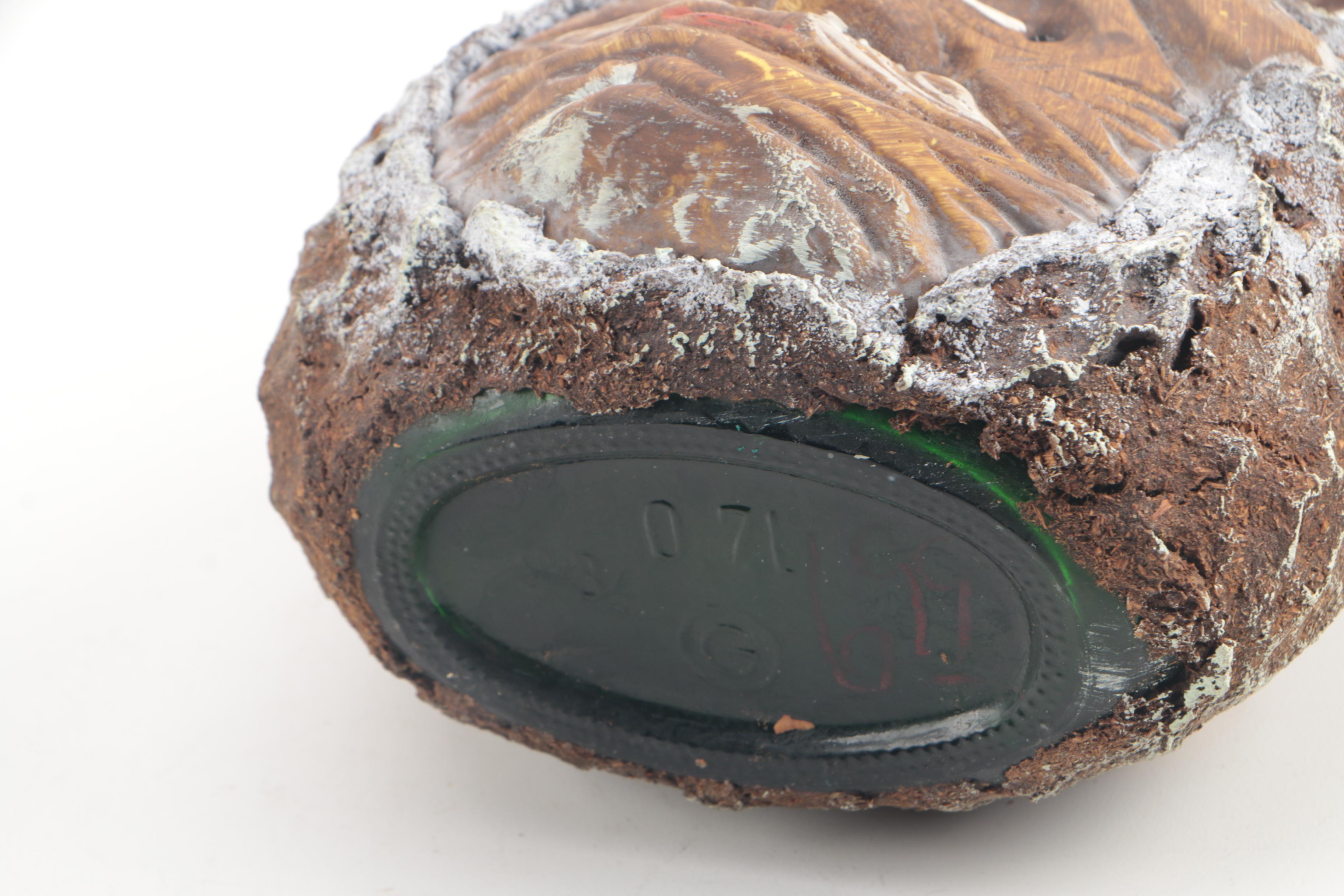 Vintage Folk Art Glass Bottle with Carved Wooden Face and Bark Exterior