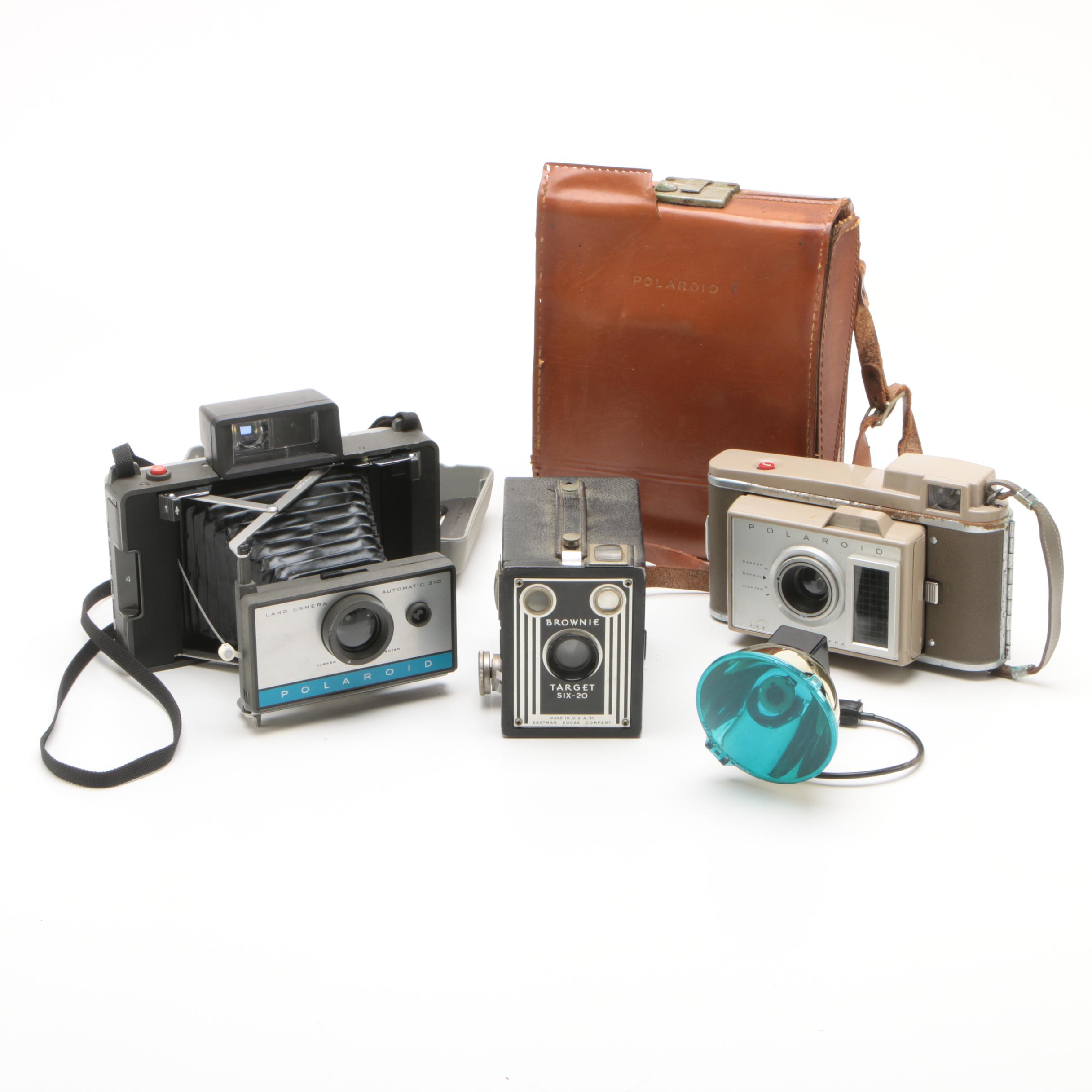 Vintage Polaroid Land Cameras and Accessories with Kodak Brownie Box Camera