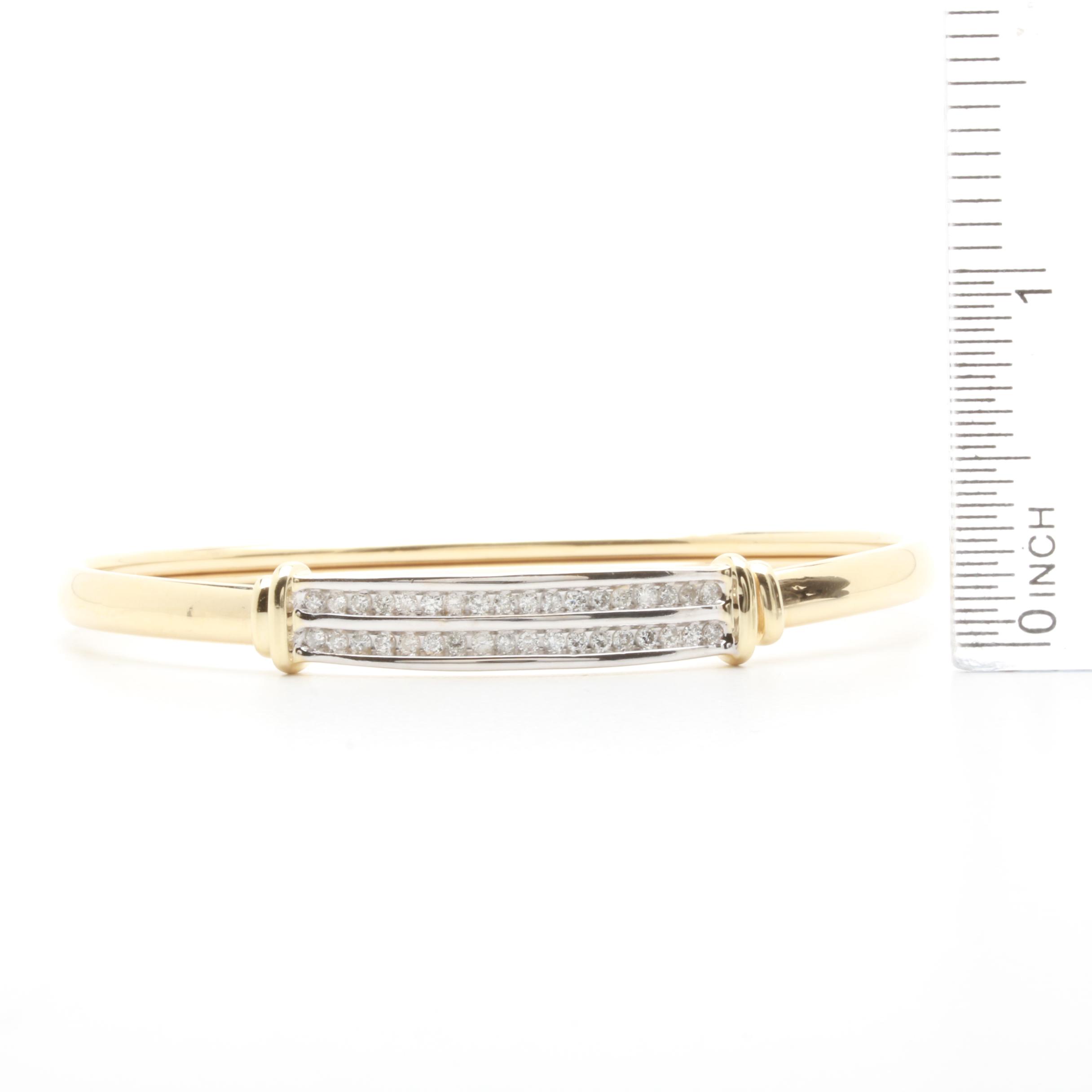 14K Yellow Gold Diamond Channel Flexible Bangle with White Gold Accents