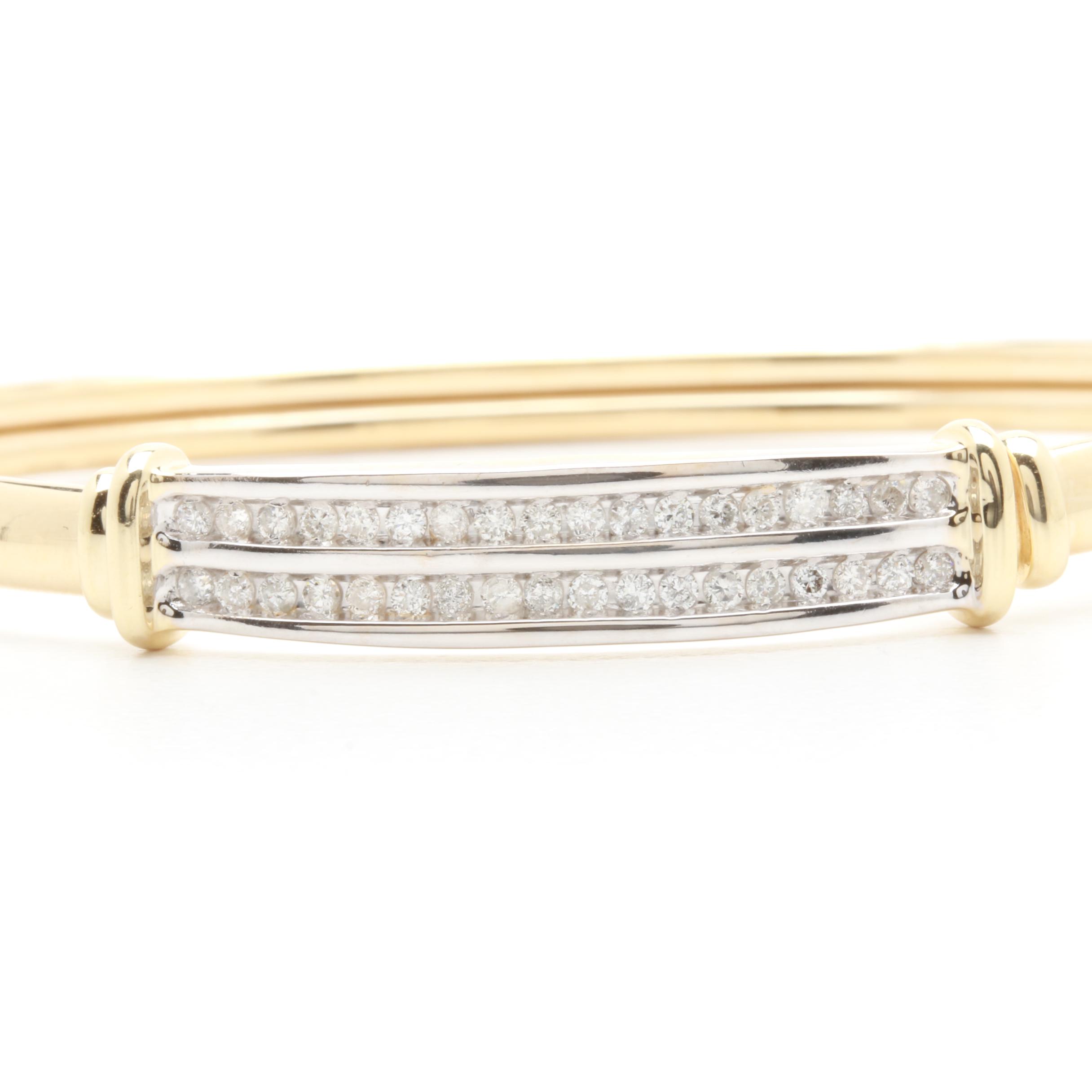 14K Yellow Gold Diamond Channel Flexible Bangle with White Gold Accents