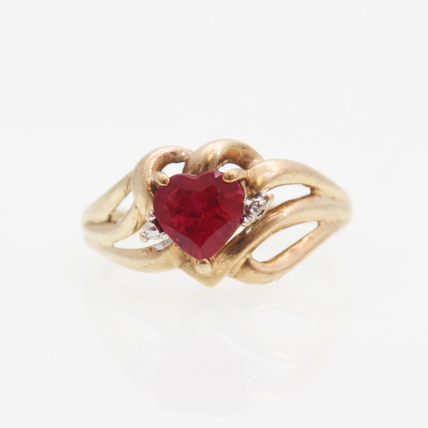 10K Yellow Gold, Synthetic Ruby, and Diamond Ring