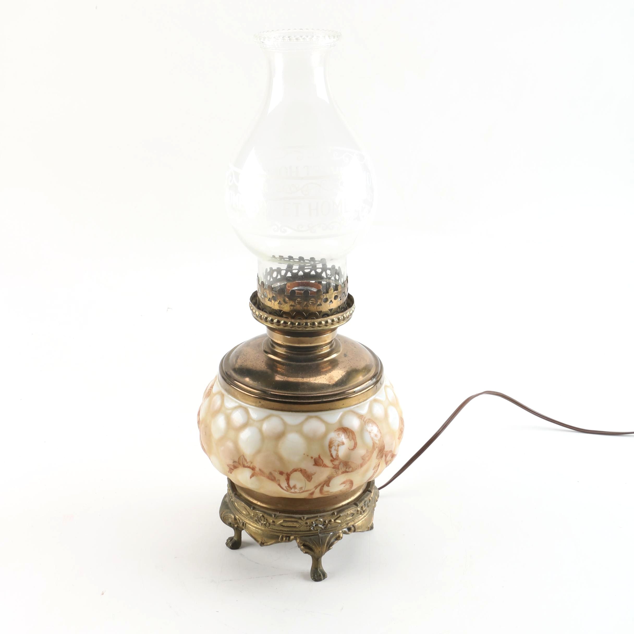 Early to Mid 20th Century Tinted Glass and Brass Table Lamp with Hurricane Shade