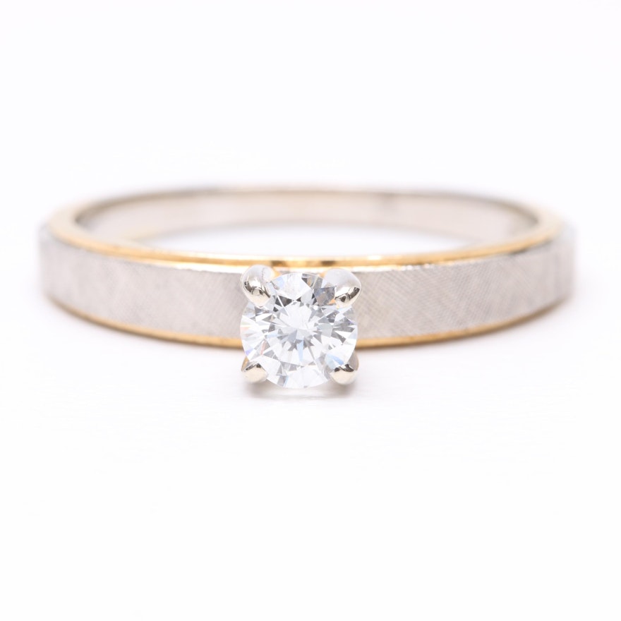 14K White Gold Diamond Solitaire Ring with Yellow Gold Accents