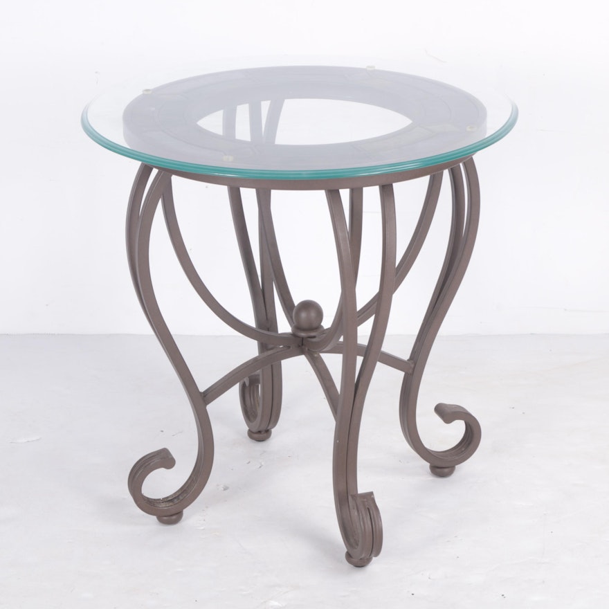 Glass Top Wrought Iron and Slate Accent Table