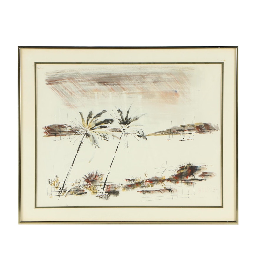 Alfred Birdsey Watercolor and Gouache Painting of Palm Trees