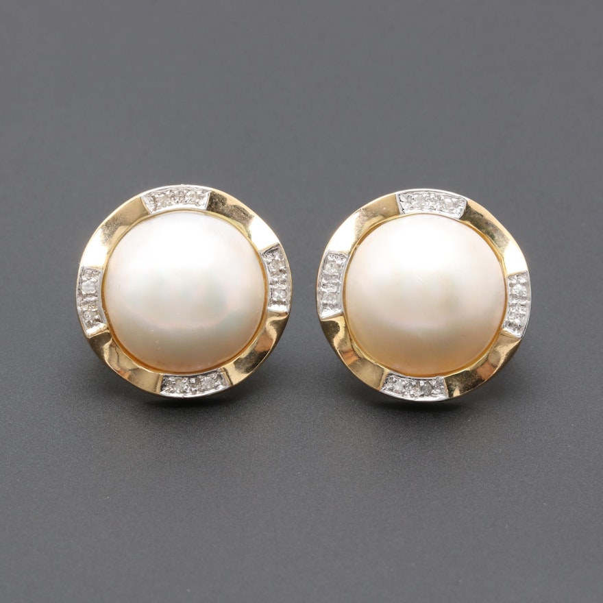 14K Yellow Gold Cultured Pearl and Diamond Earrings