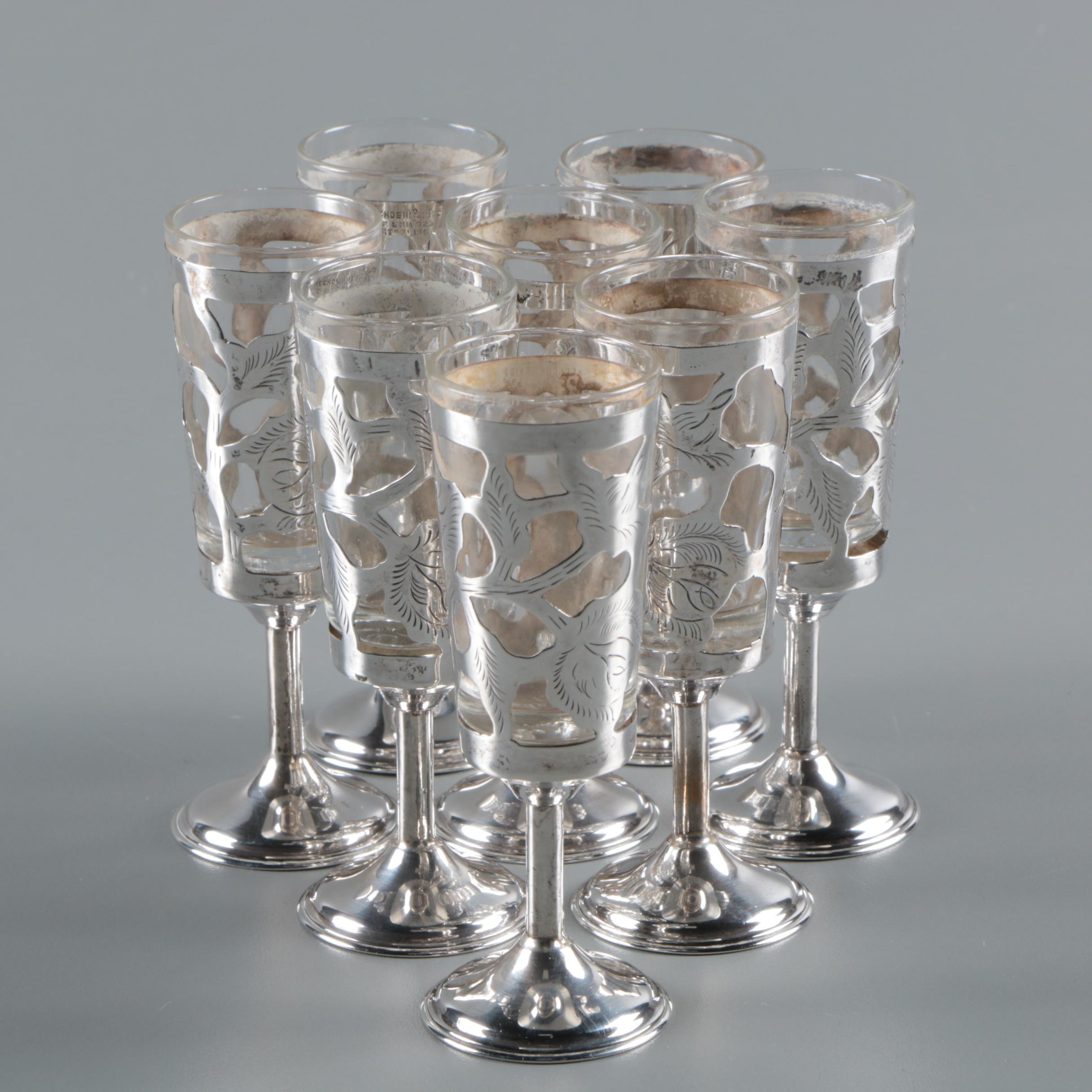 Vintage Mexican Sterling Silver and Glass Cordial Cups
